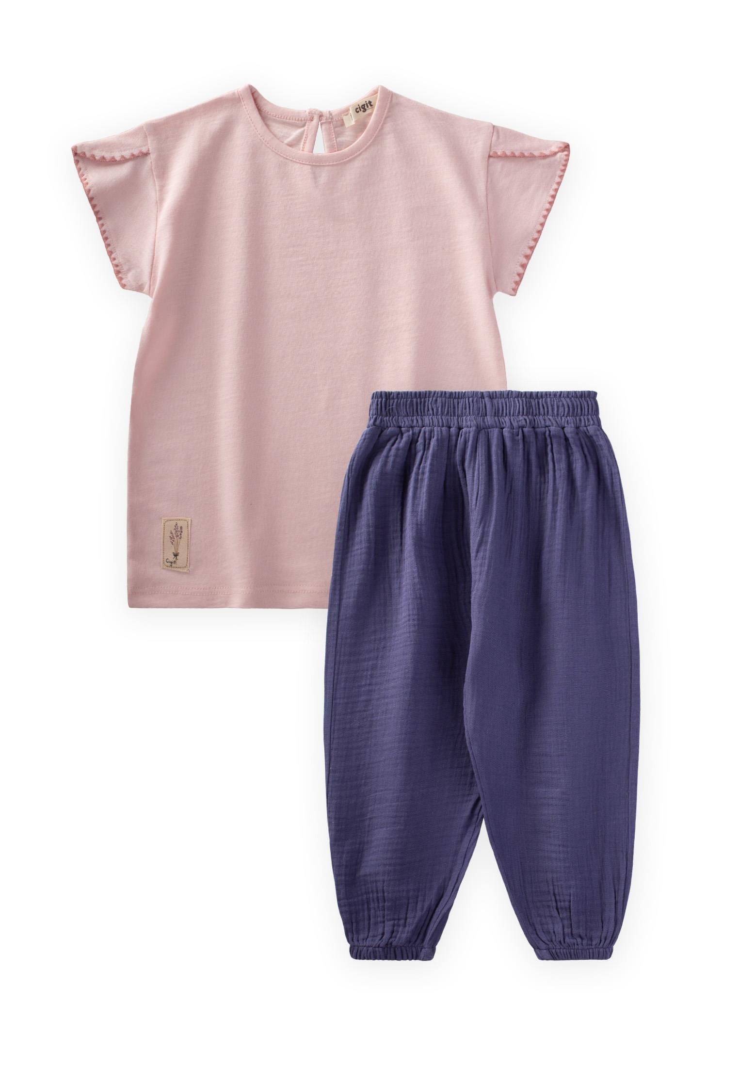 CigitKroşeta Detaylı Müslin Şalvarlı Takım 2-10 Yaş PUDRA PEMBE