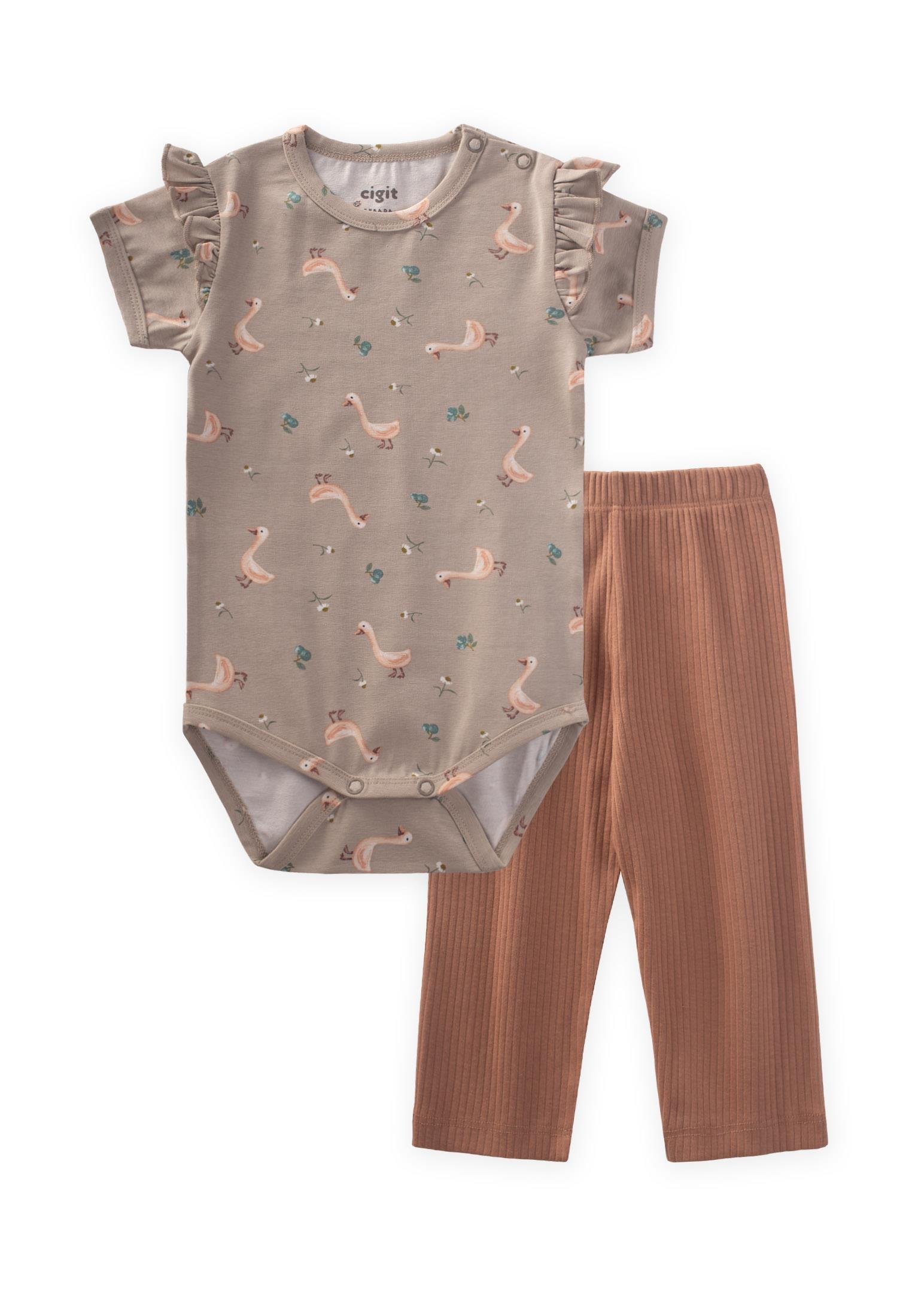 CigitDesenli Omuzu Fırfırlı Zıbın Takım 0-3 Yaş ÖRDEK DESEN