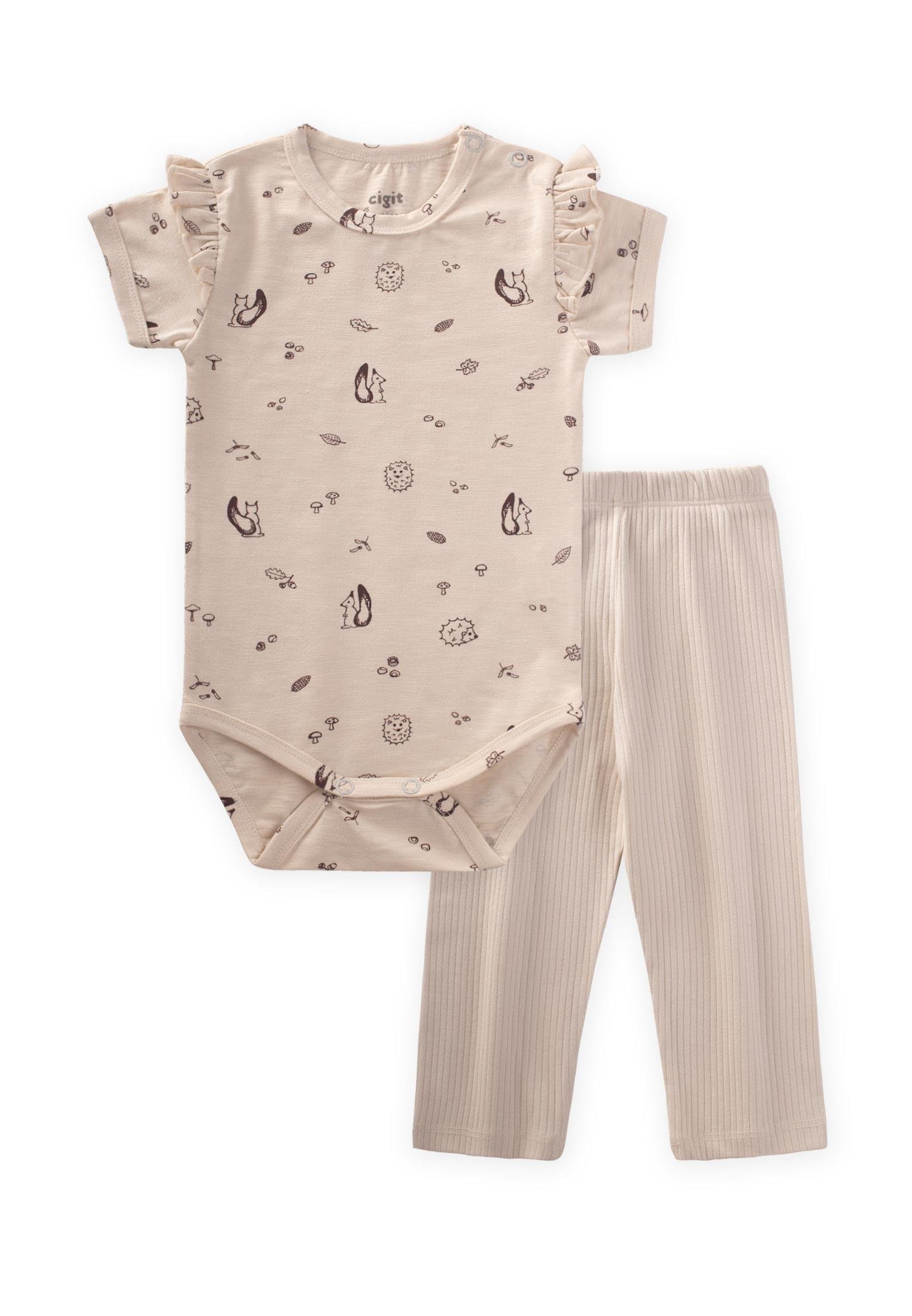 CigitDesenli Omuzu Fırfırlı Zıbın Takım 0-3 Yaş SİNCAP DESEN