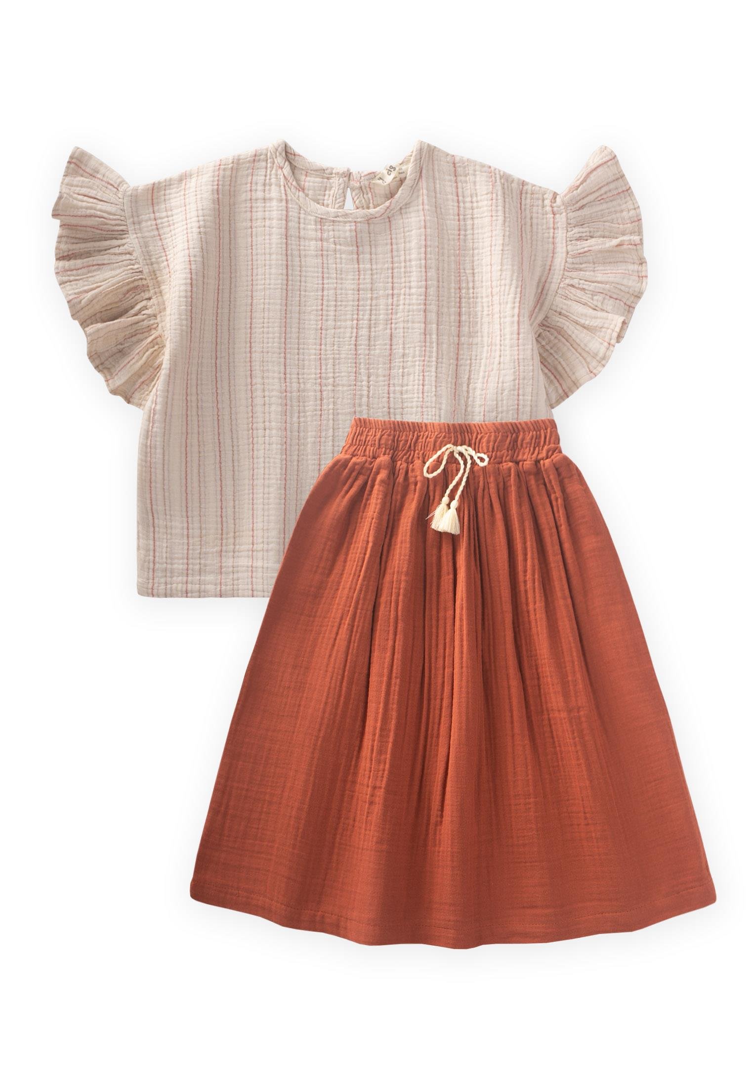 CigitMüslin Etekli Bluz Takım 2-8 Yaş RUST ÇİZGİLİ
