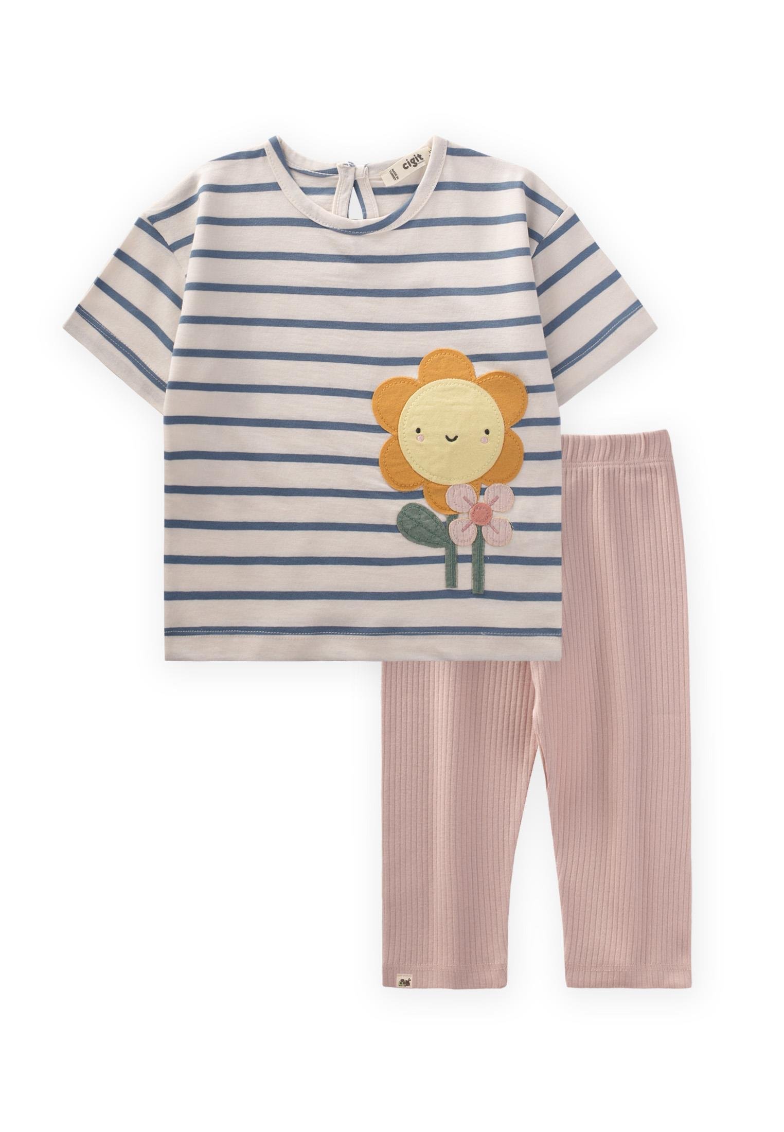 CigitAy Çiçeği Aplikeli T-Shırt Takım 1-7 Yaş İNDİGO ÇİZGİLİ