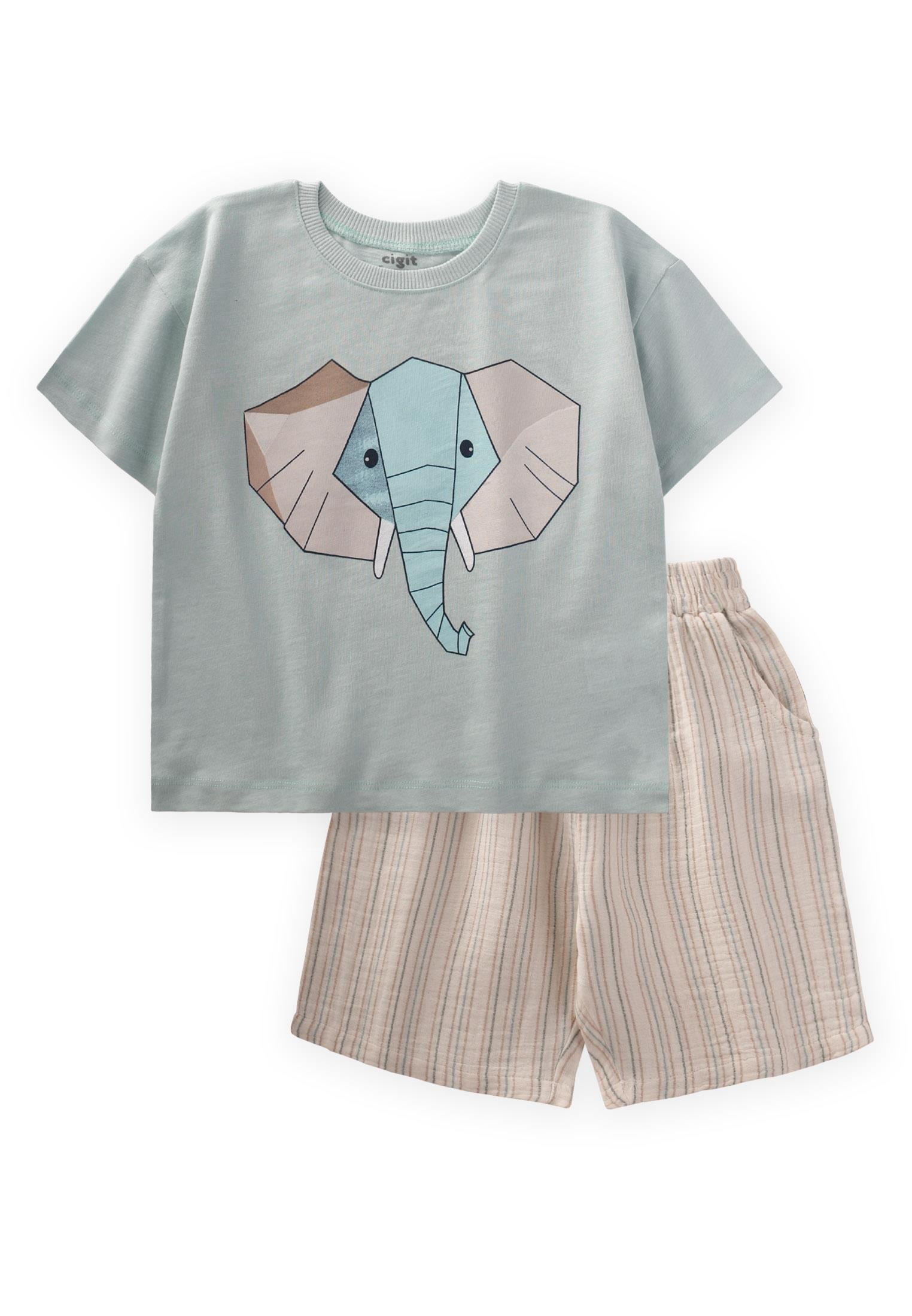 CigitSoyut Fil Baskılı T-Shırt Takım 2-8 Yaş MİNT YEŞİLİ