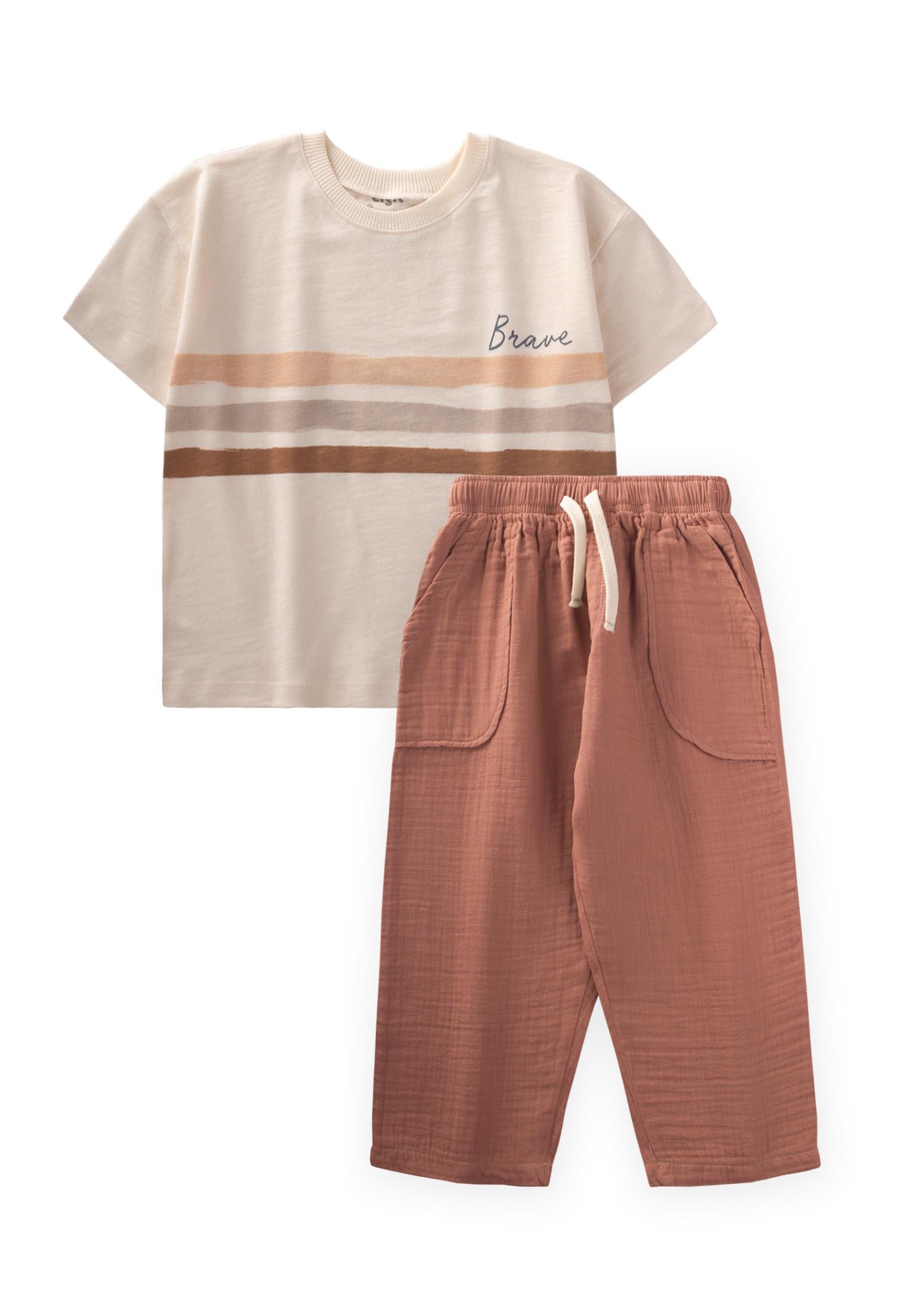 CigitBrave Çizgili T-Shırt Takım 2-10 Yaş EKRU A.KAHVE