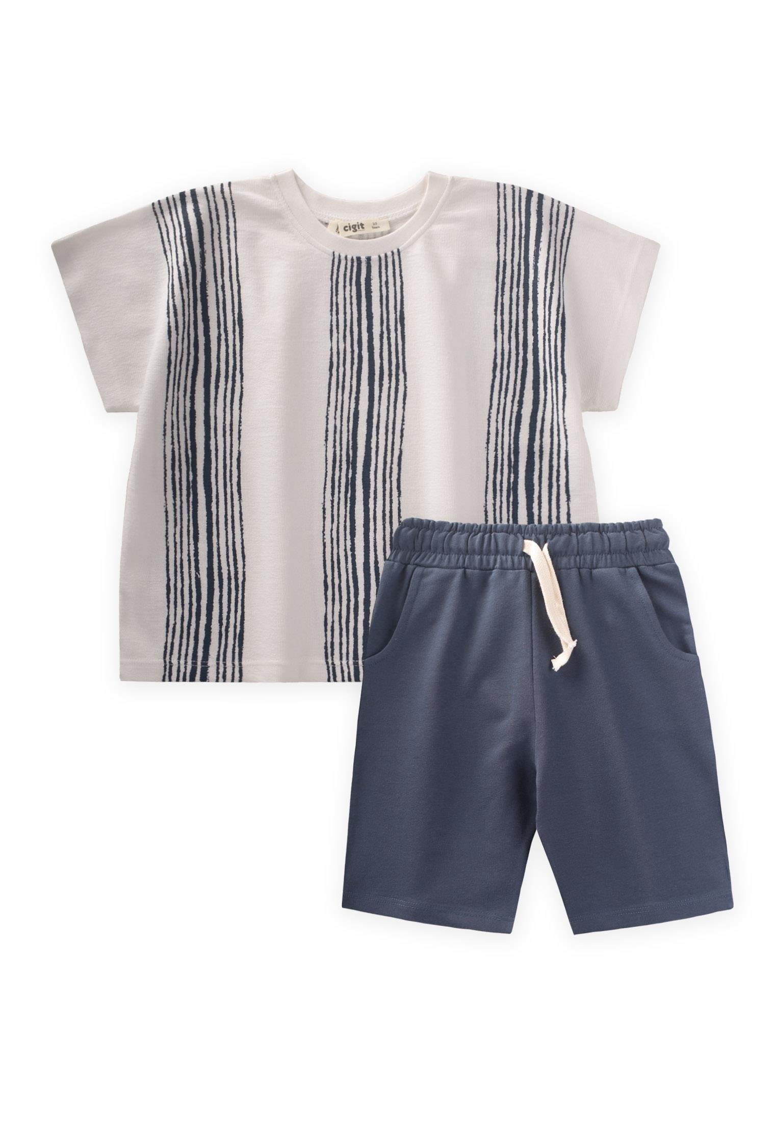 CigitÇizgili T-Shırt Takım 2-9 Yaş EKRU LACİVERT