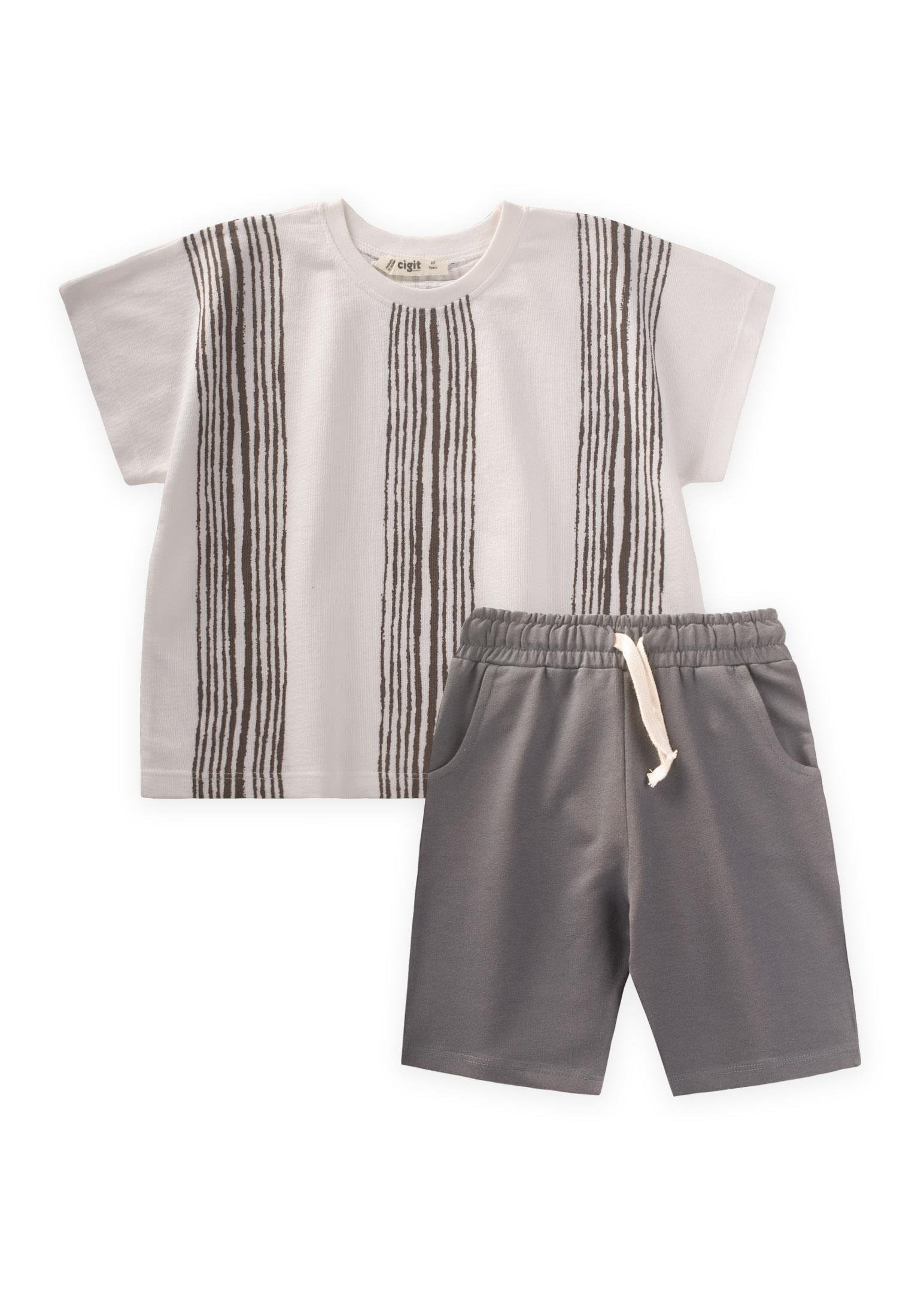 CigitÇizgili T-Shırt Takım 2-9 Yaş EKRU VİZON