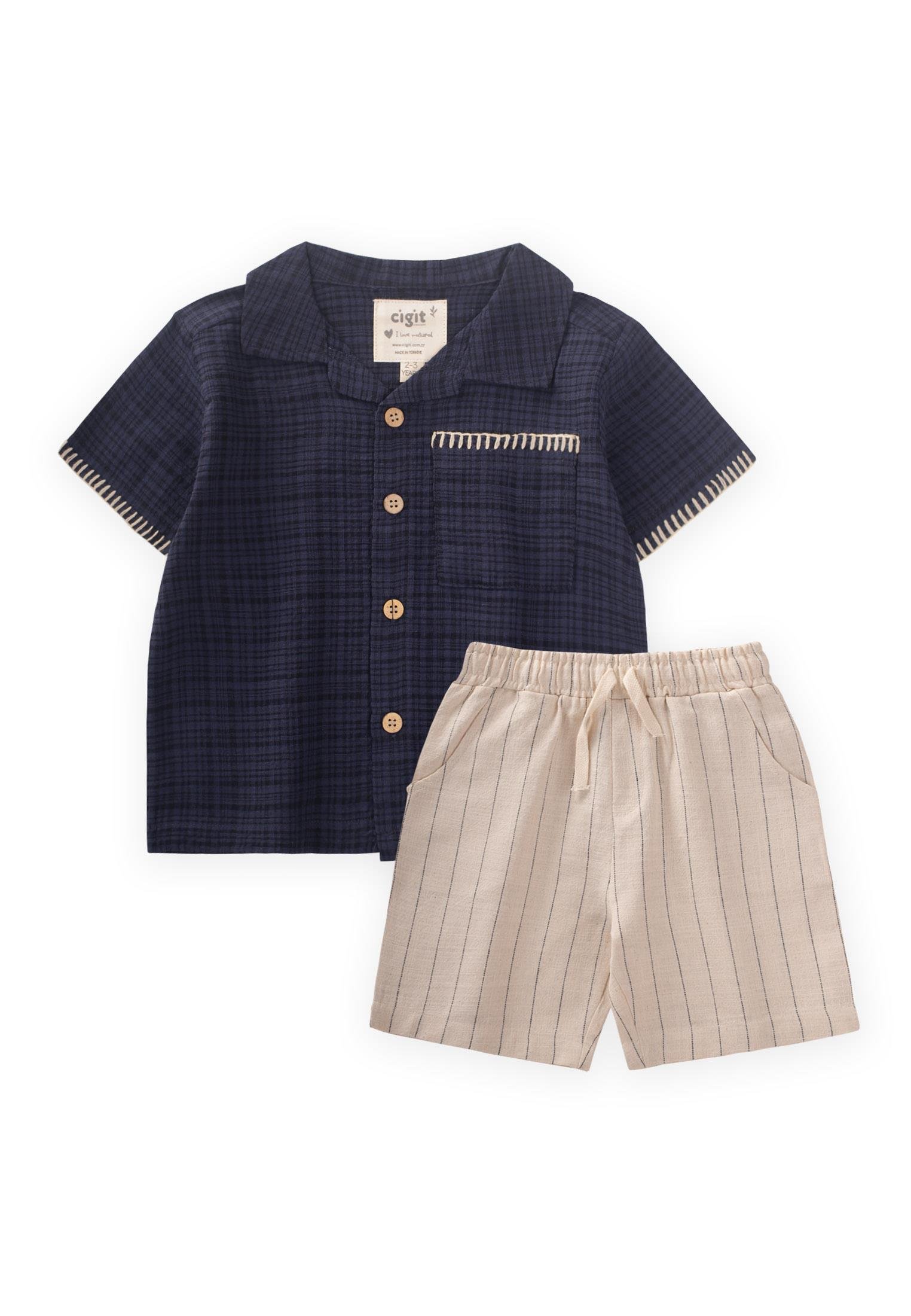CigitEl İşi Detaylı Gömlek Takım 2-10 Yaş LACİVERT