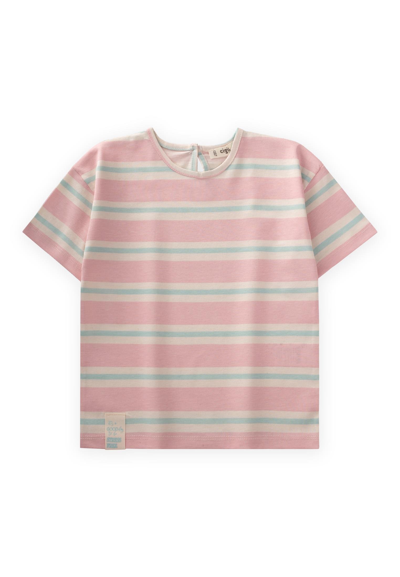CigitÇizgili Kız T-Shırt 2-10 Yaş PEMBE MAVİ ÇİZGİLİ