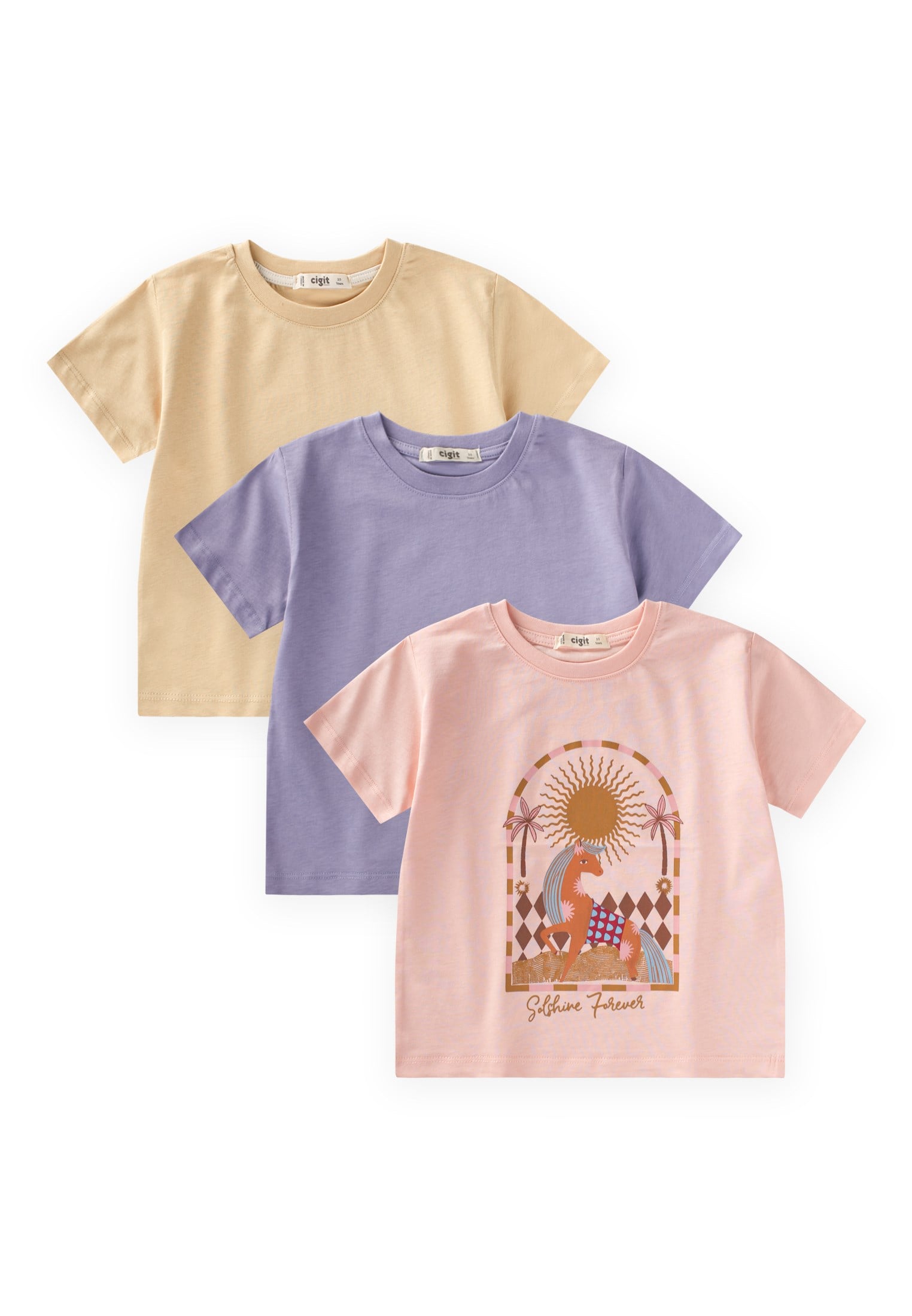 CigitÜçlü Set Kız T-Shirt 2-10 Yaş LİLA SARI PUDRA