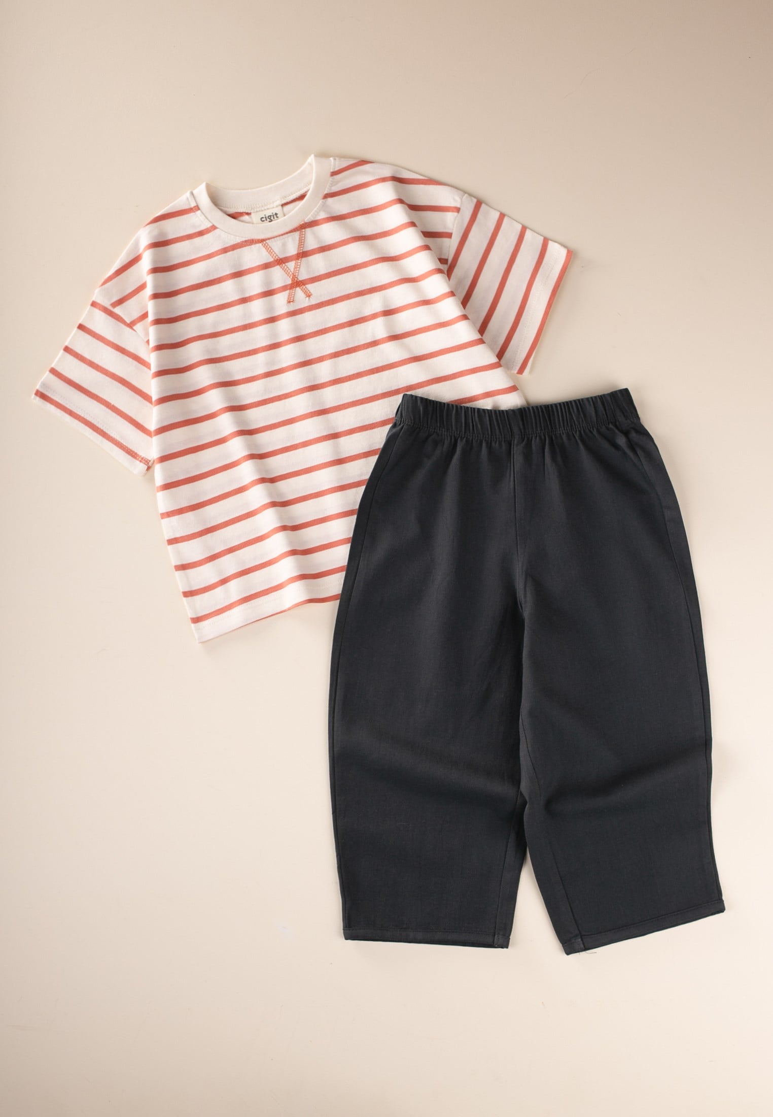 CigitOversize T-Shirt  Geniş Kesim Pantolon Takım 2-10 Yaş TURUNCU ÇİZGİLİ