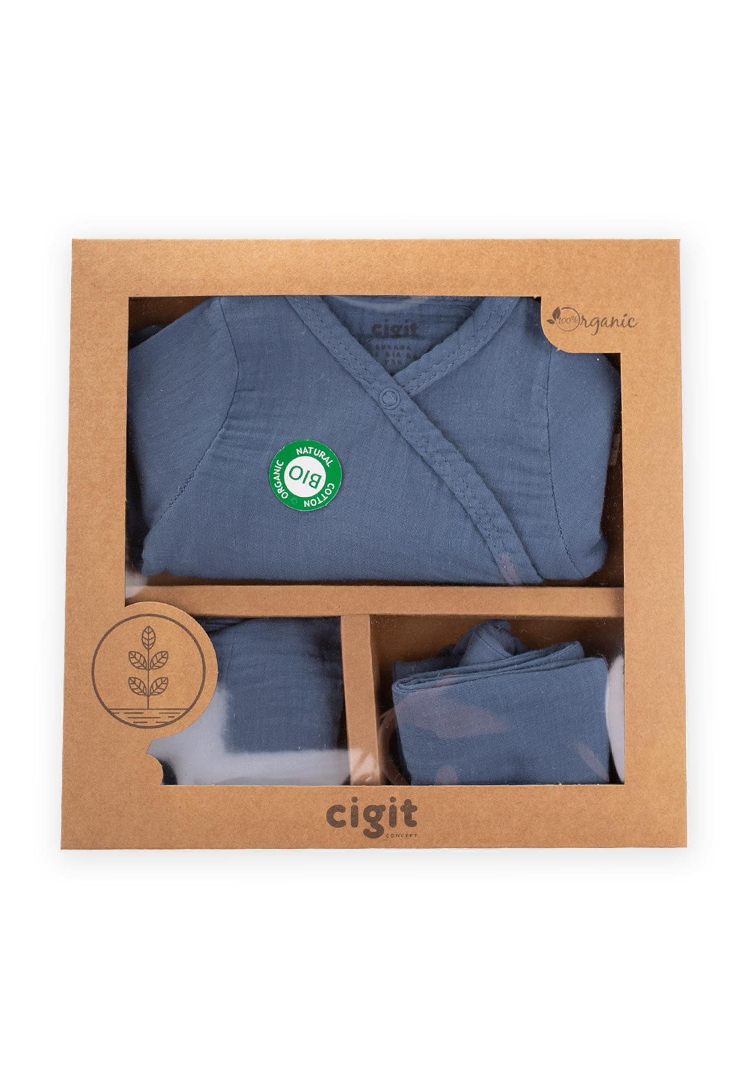 CigitOrganik Hastane Çıkışı Bebek Takımı 0-3 Ay İNDİGO MAVİ