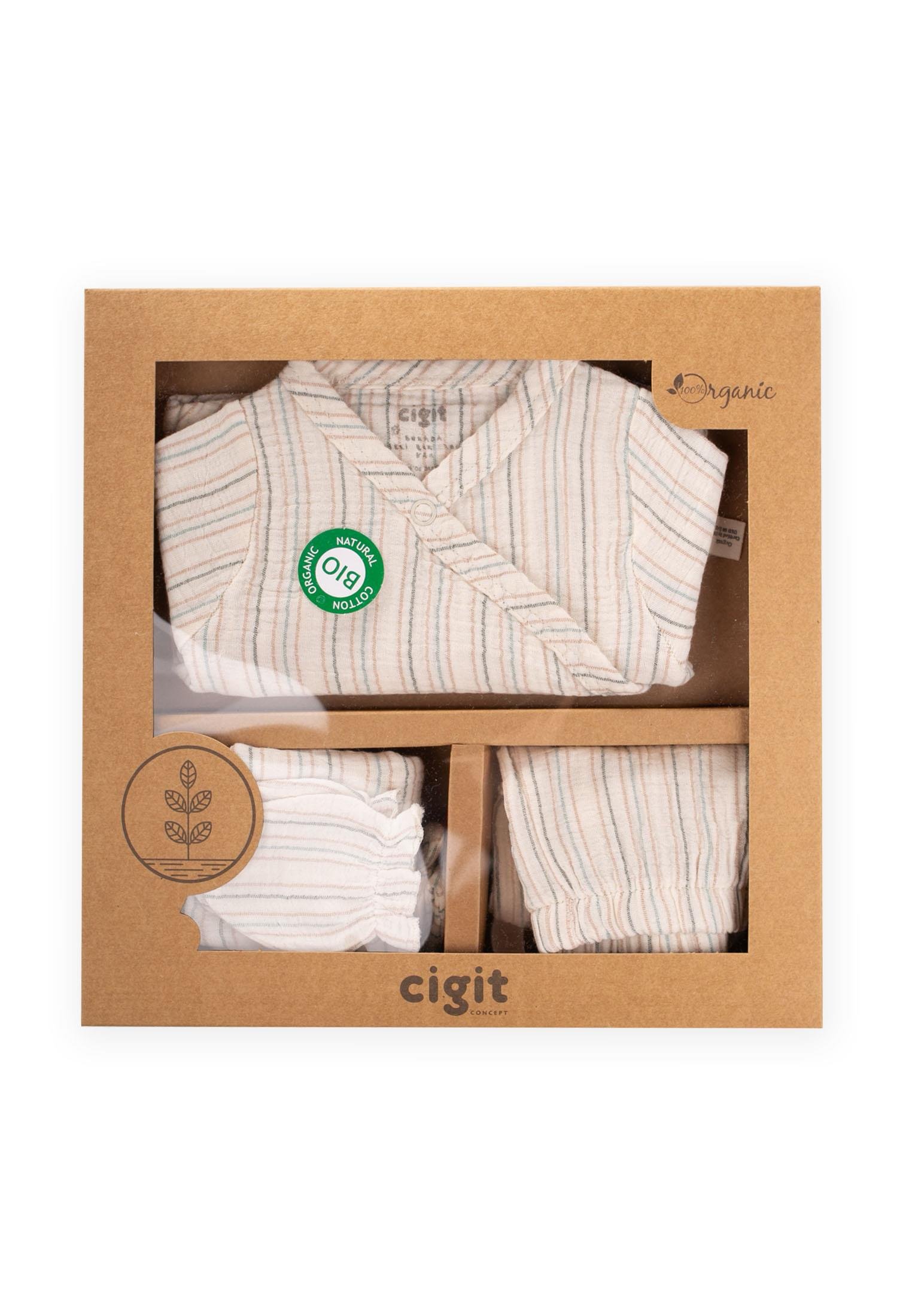 CigitOrganik Hastane Çıkışı Bebek Takımı 0-3 Ay BEJ İNCE ÇİZGİLİ