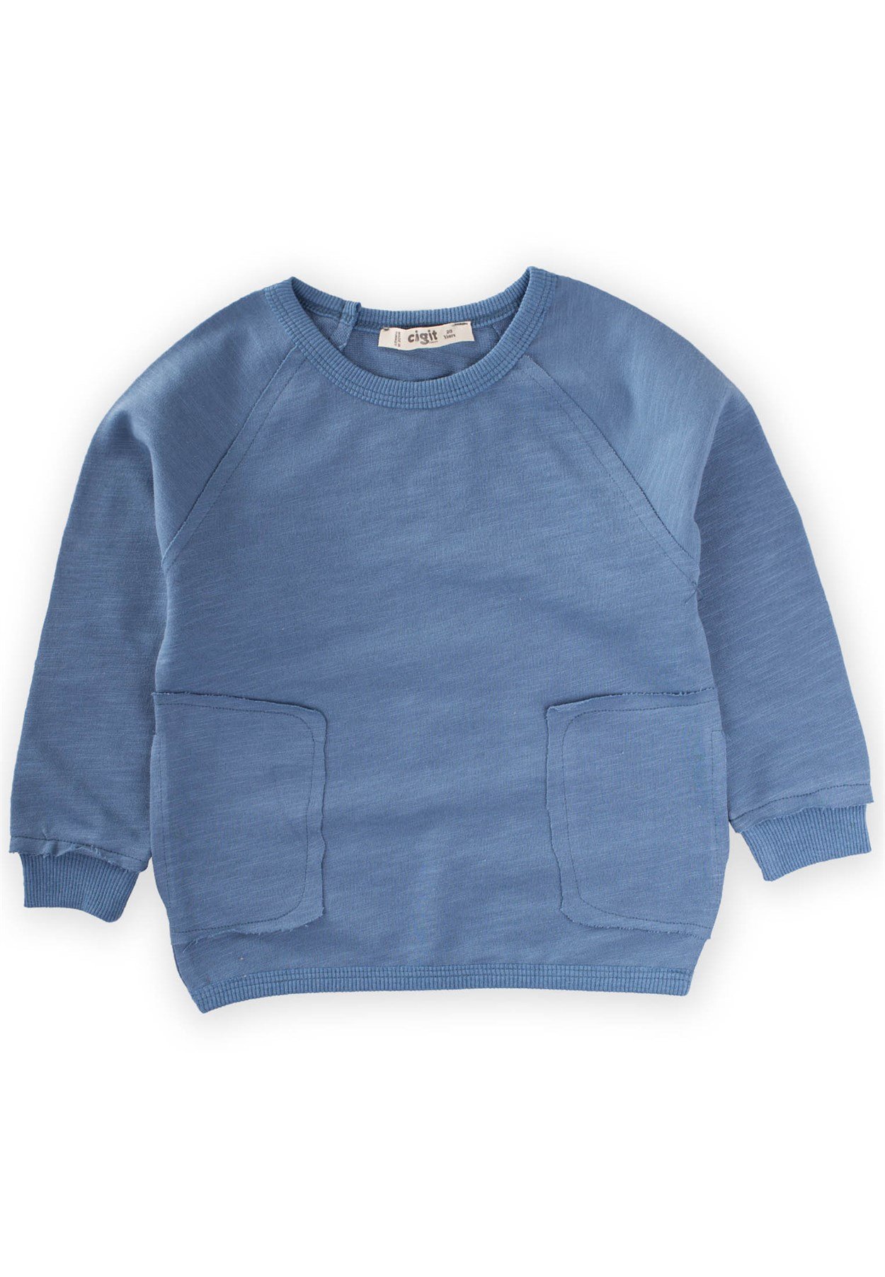 70963 - 5007CigitDikişleri Saçaklı Aplike Cepli Sweatshırt 2-7 Yaş İNDİGO MAVİ