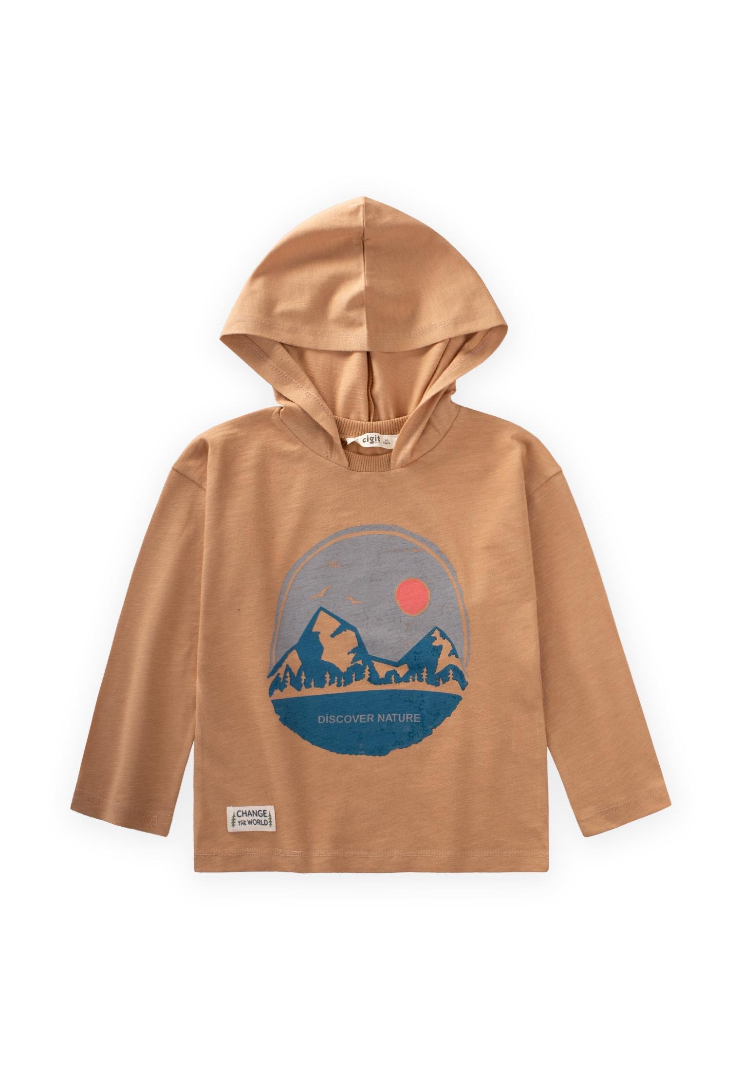 CigitBaskılı Kapşonlu Mevsimlik T-Shırt 2-10 Yaş CAMEL