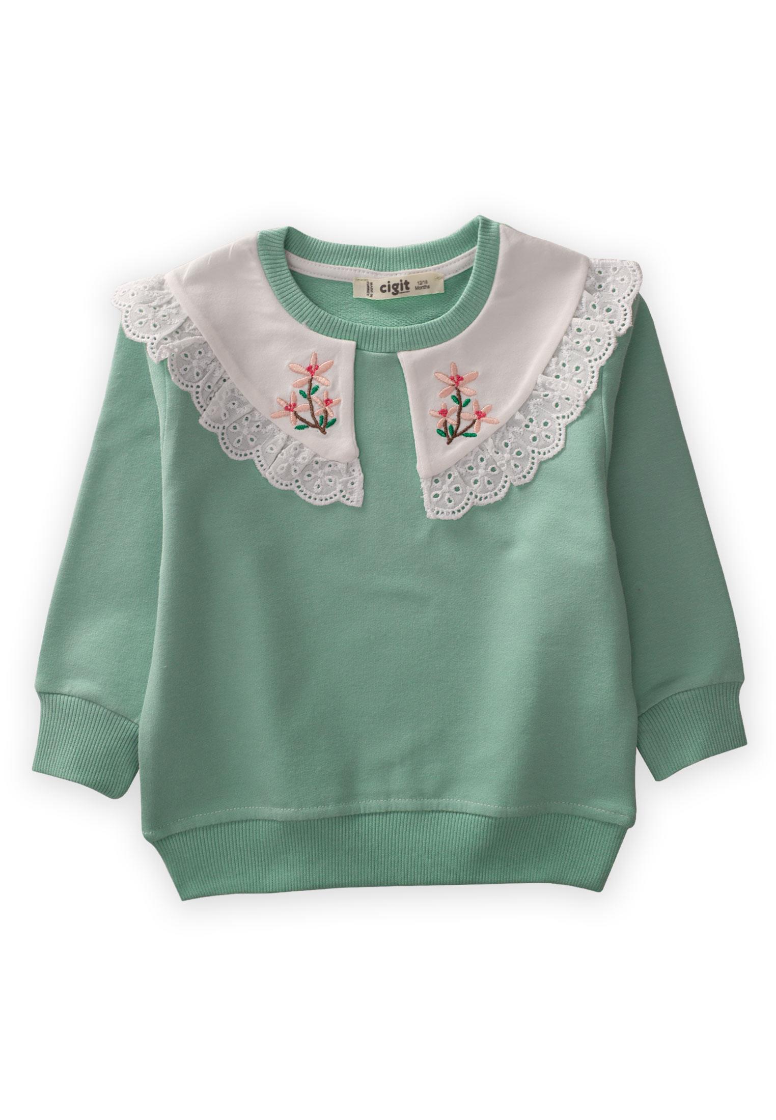 CigitYakalı Dantelli Sweatshırt 1-4 Yaş YEŞİL