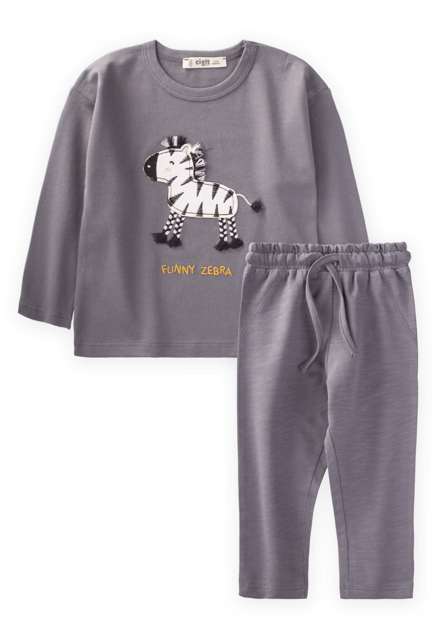 CigitFunny Zebra Nakışlı Mevsimlik Takım 1-5 Yaş GRİ