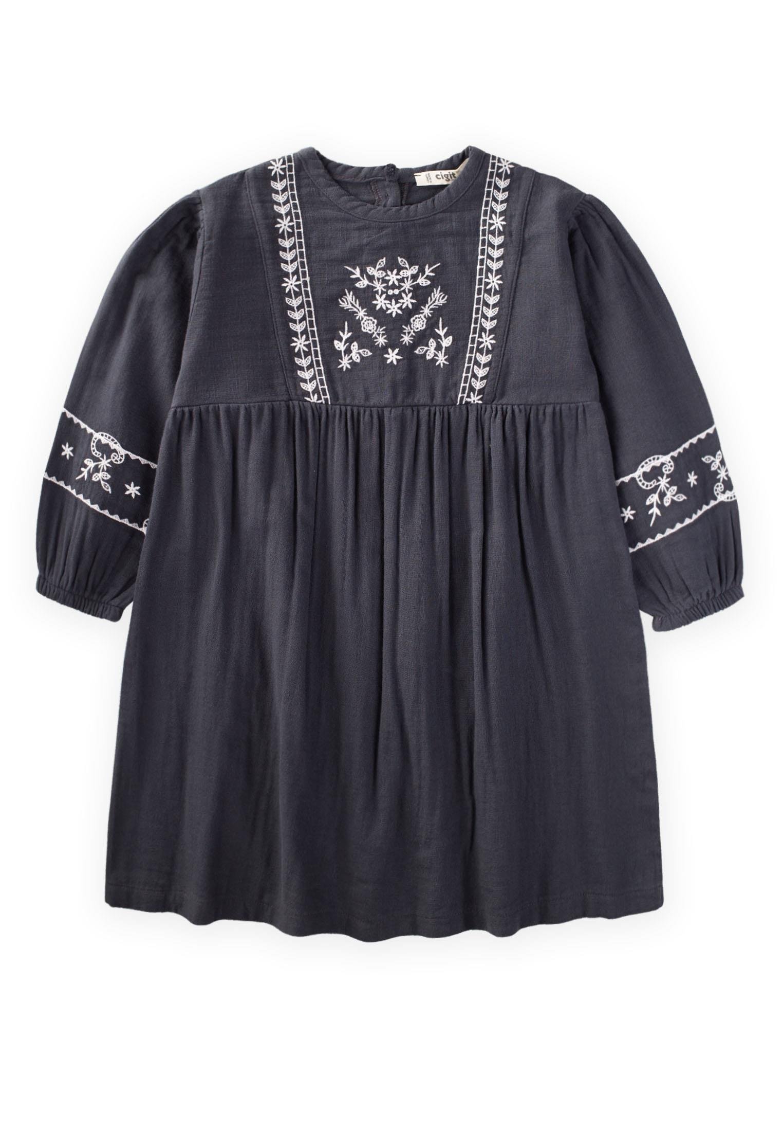 CigitEtnik Nakışlı Mevsimlik Elbise 3-14 Yaş ANTRASİT