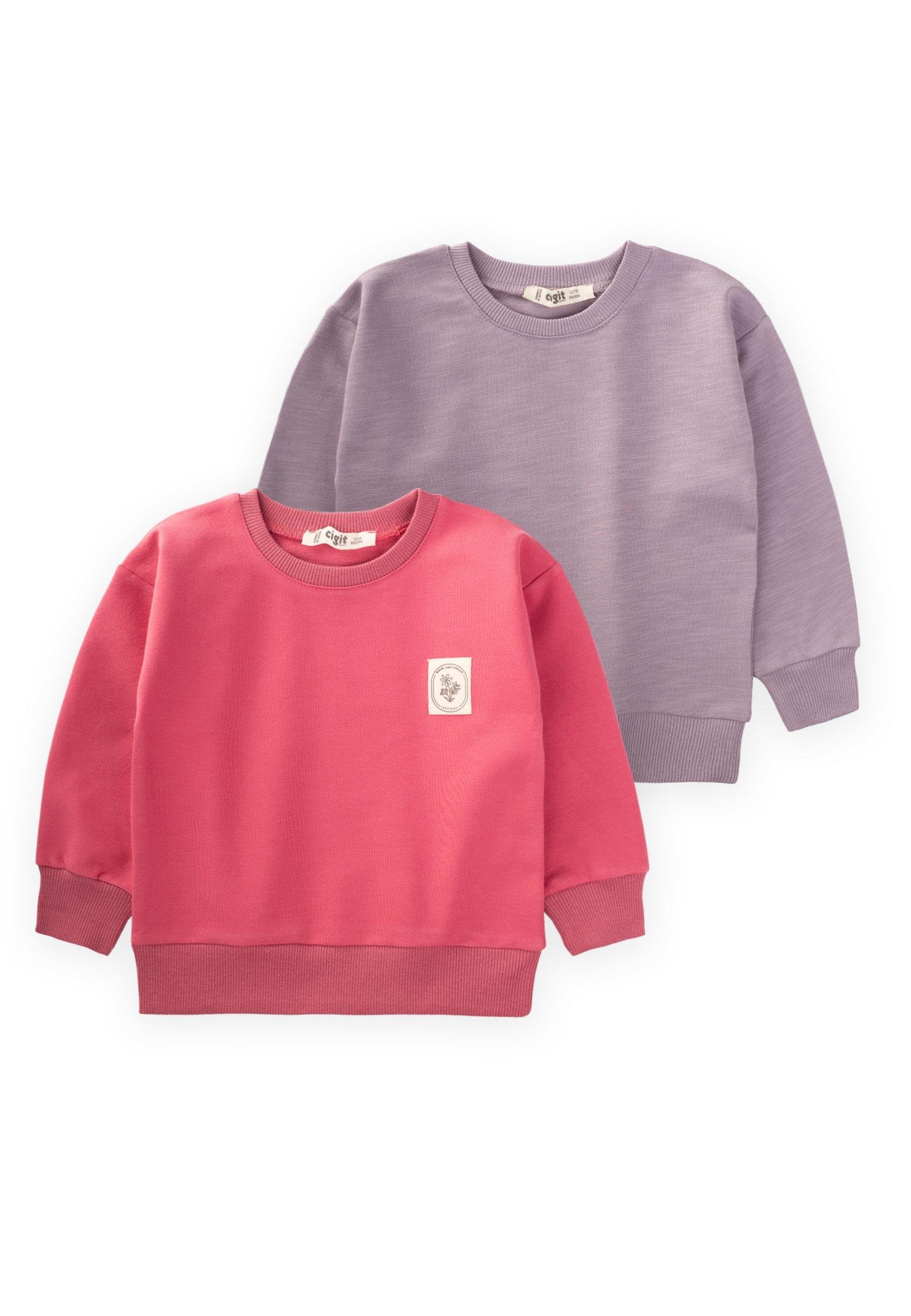 CigitEtiket Detaylı İkili Sweatshırt Set 1-10 Yaş MERCAN EFLATUN