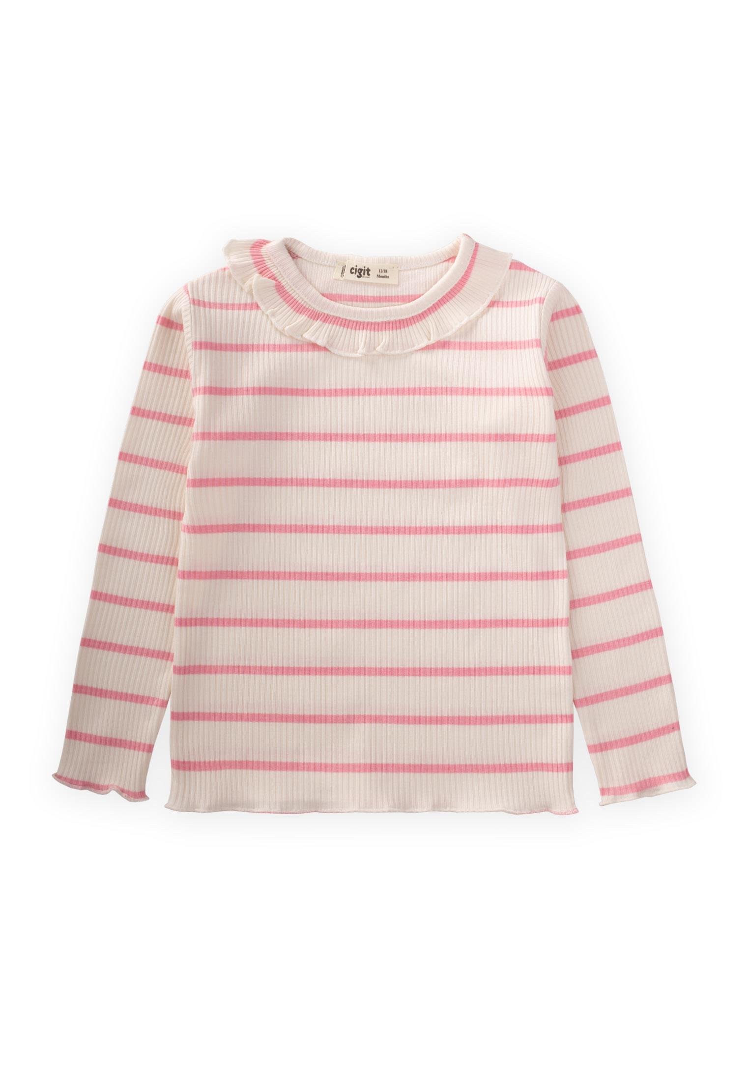 CigitBebe Yaka Çizgili Mevsimlik Kız Badi 1-10 Yaş PEMBE ÇİZGİLİ