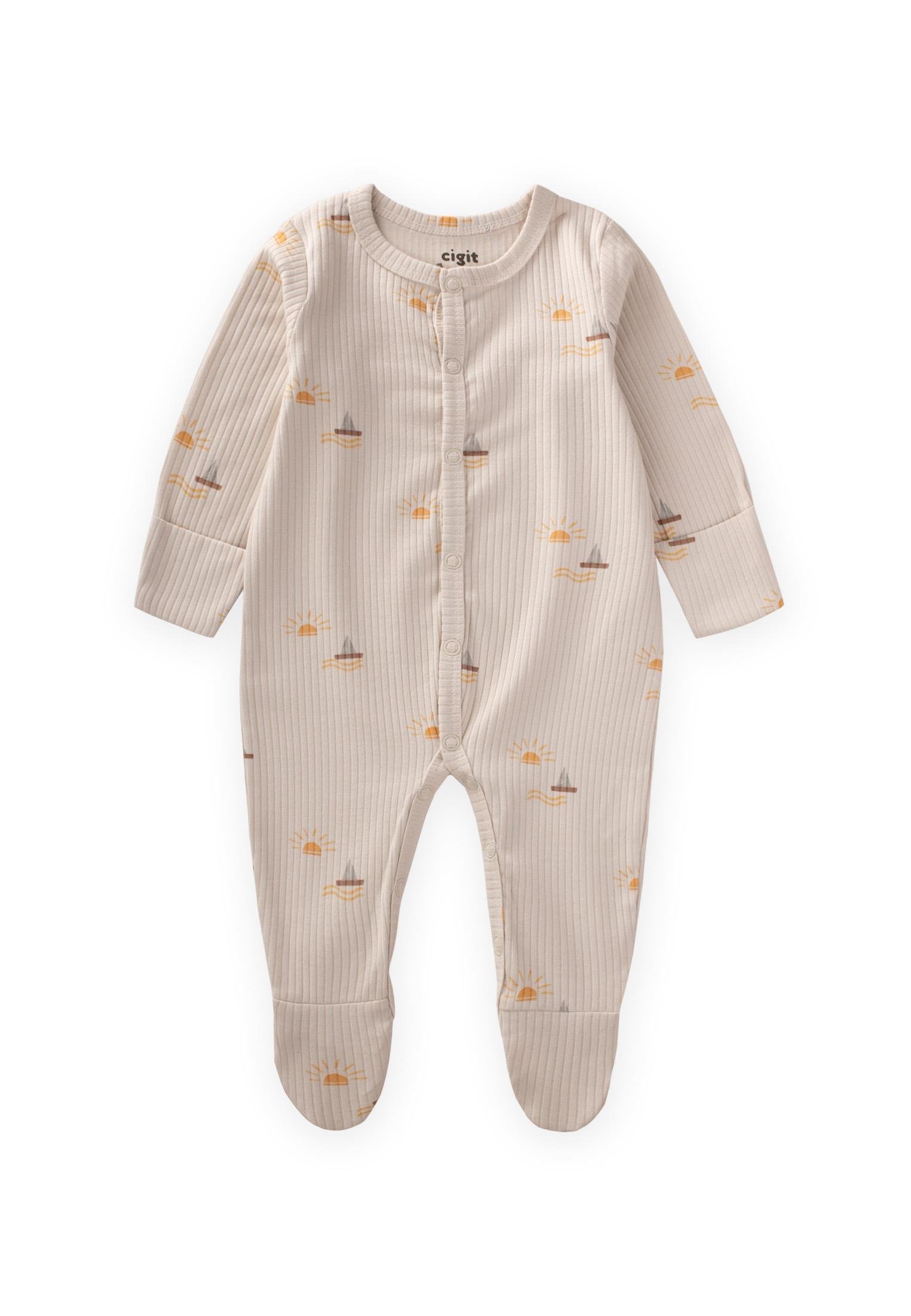 CigitAyaklı Kendinden Eldivenli Desenli Tulum 0-9 Ay GÜNEŞ DESEN