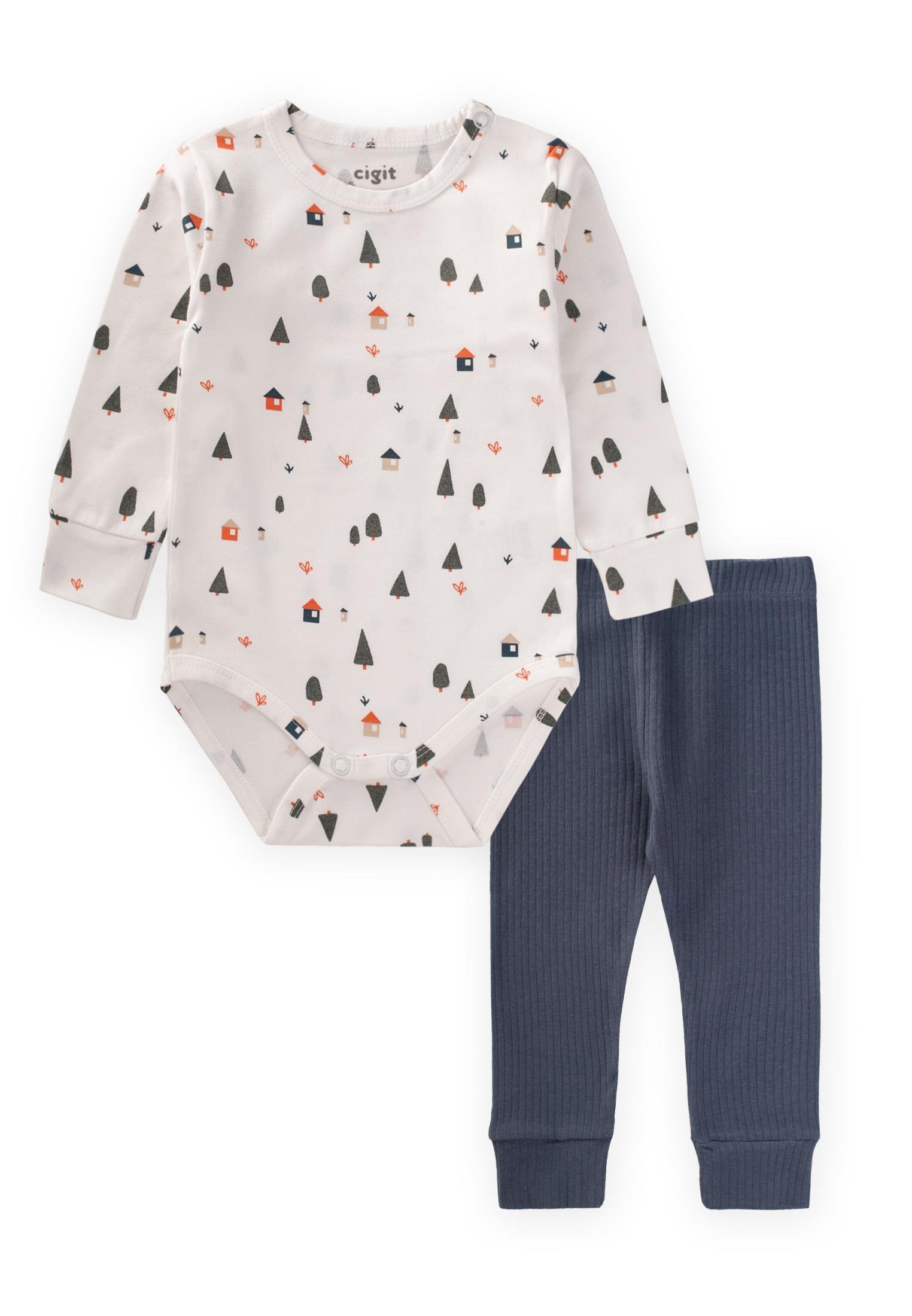 CigitManşetli Desenli Mevsimlik Zıbın Takım 0-3 Yaş ÇAM DESEN