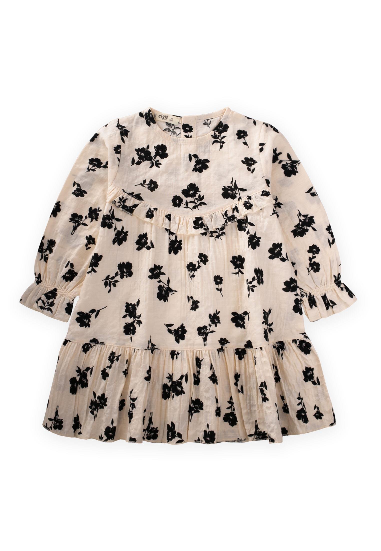 CigitDesenli Gofre Elbise 2-8 Yaş SİYAH ÇİÇEKLİ