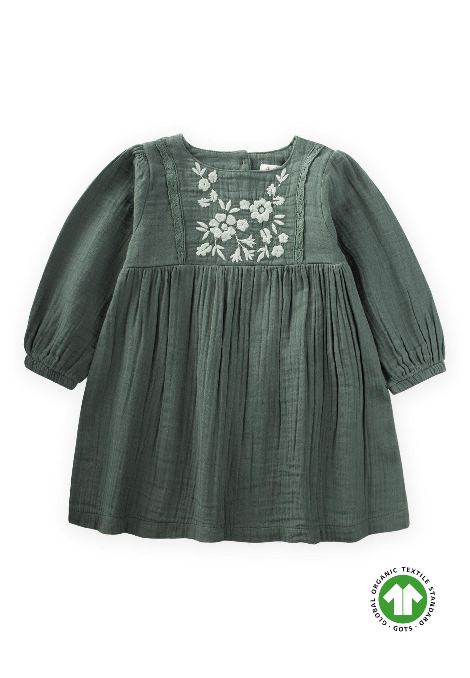 CigitOrganik Nakışlı Dantel Detaylı Müslin Elbise 1-8 Yaş HAKİ YEŞİL