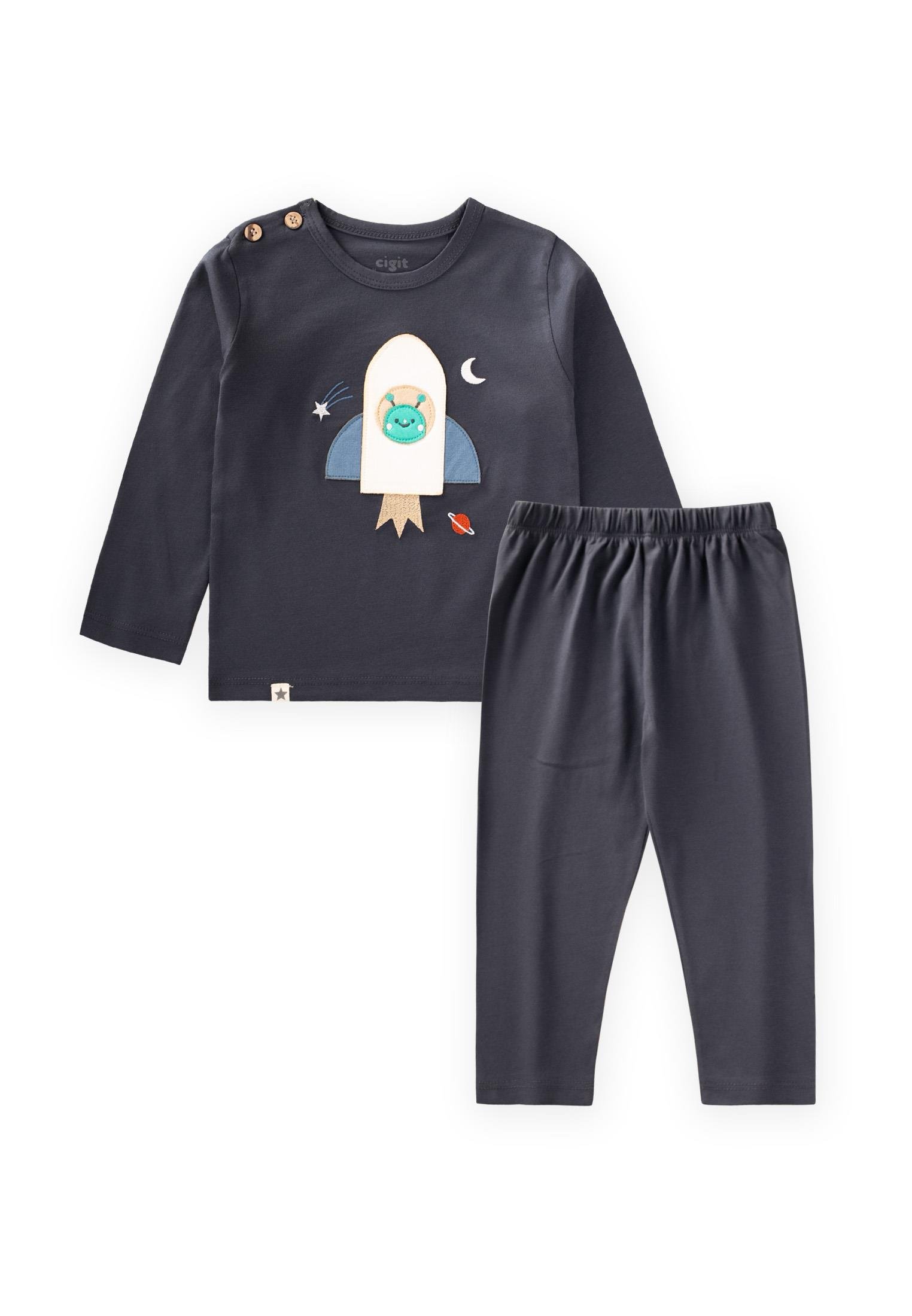 CigitRoket Aplikeli Uzun Kollu T-Shırt Takım 1-6 Yaş FÜME