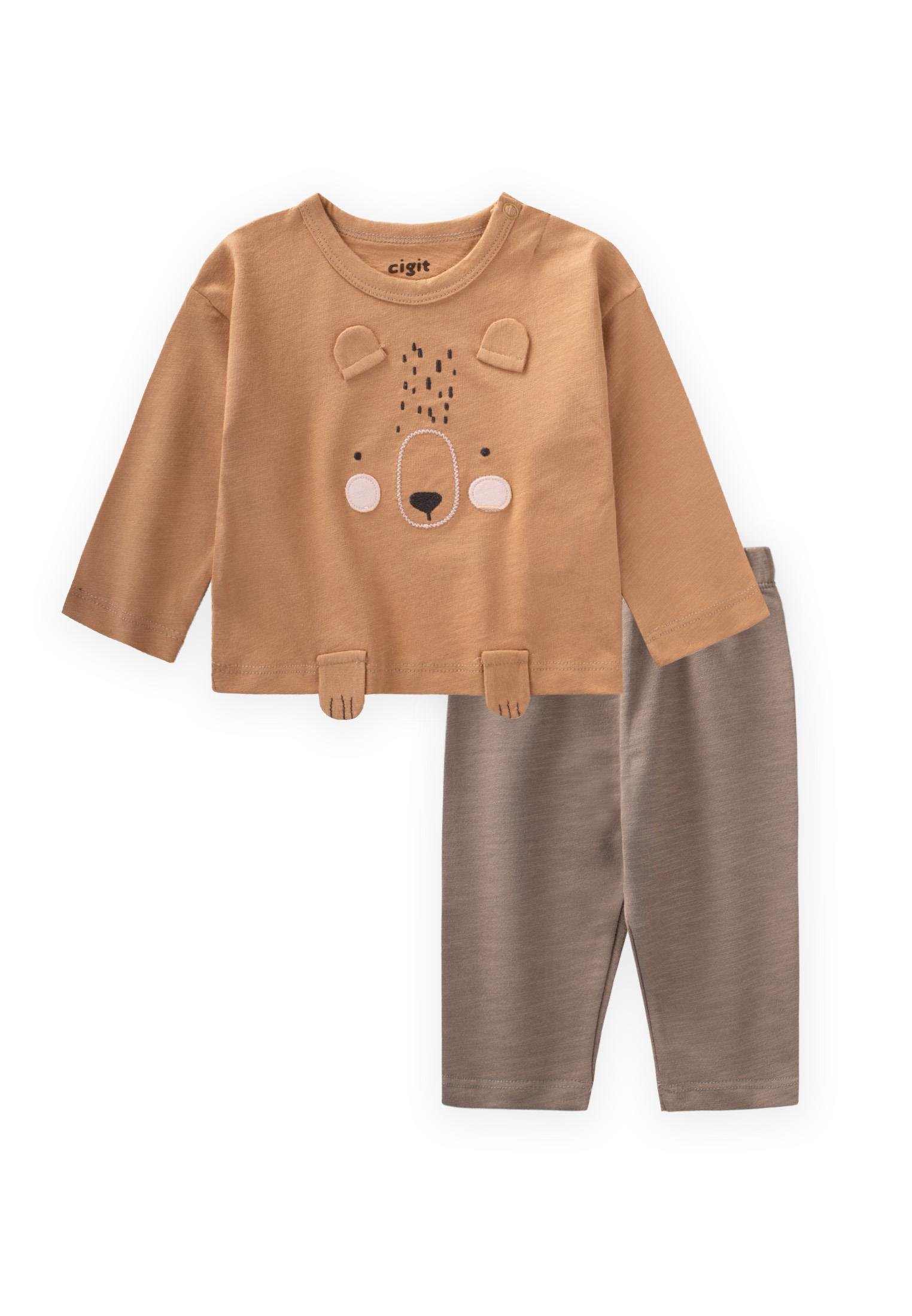CigitAnimal Aplikeli Uzun Kollu T-Shırt Takım 0-4 Yaş CAMEL