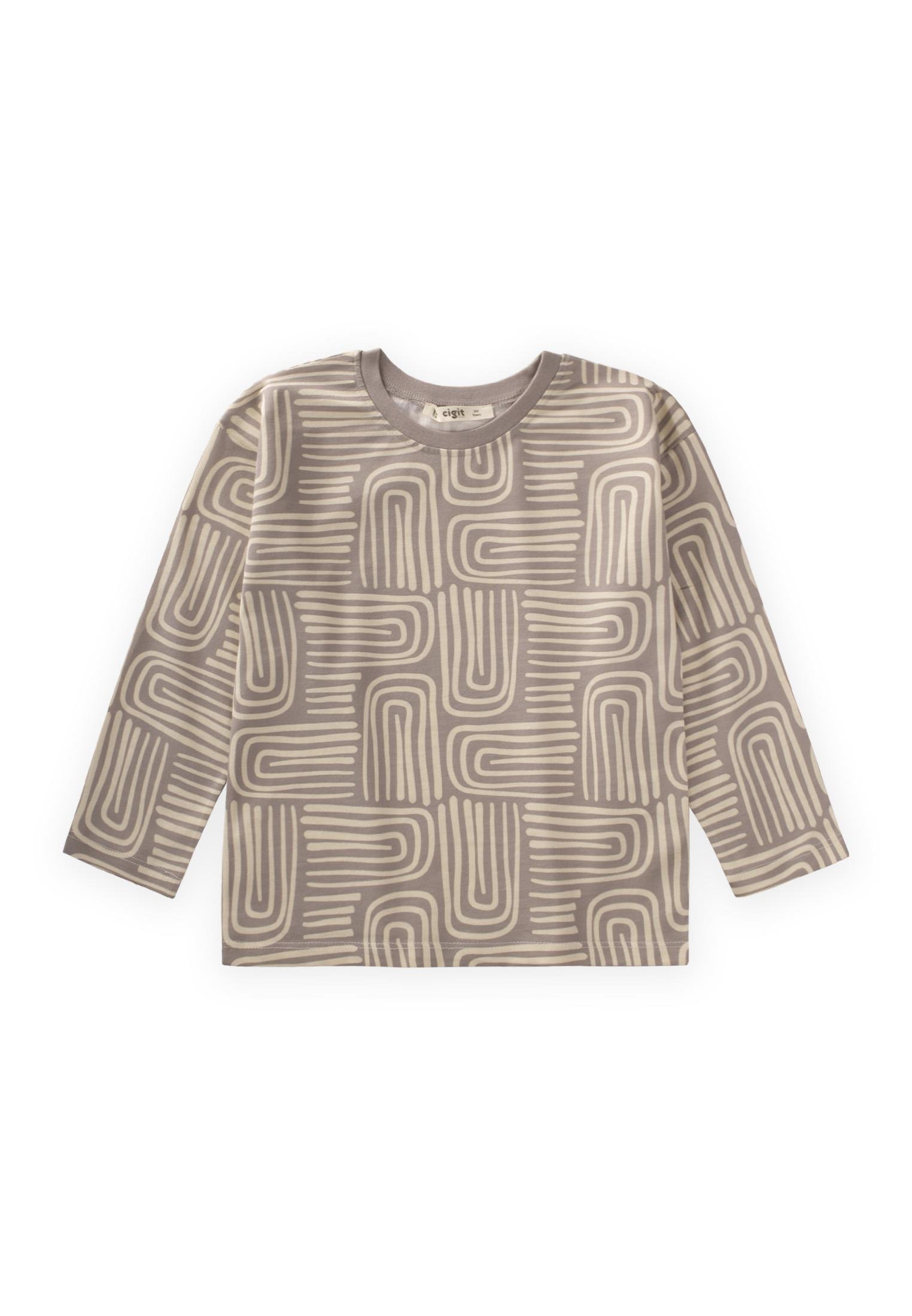 CigitUzun Kollu Desenli T-Shırt 3-12 Yaş BEJ