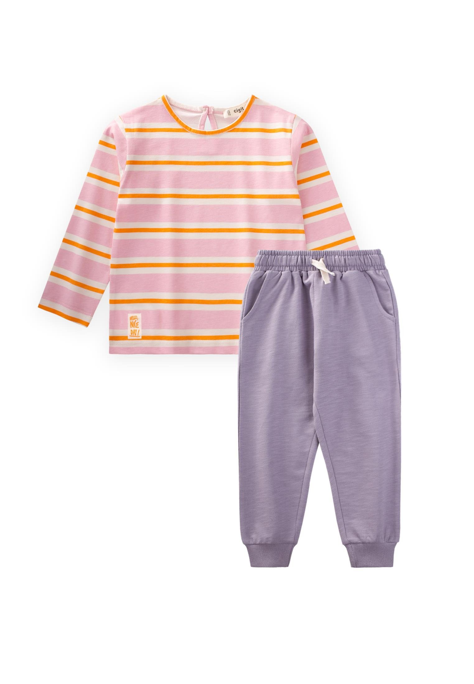 CigitÇizgili Uzun Kollu T-Shırt Takım 2-12 Yaş PEMBE TURUNC U ÇİZGİLİ
