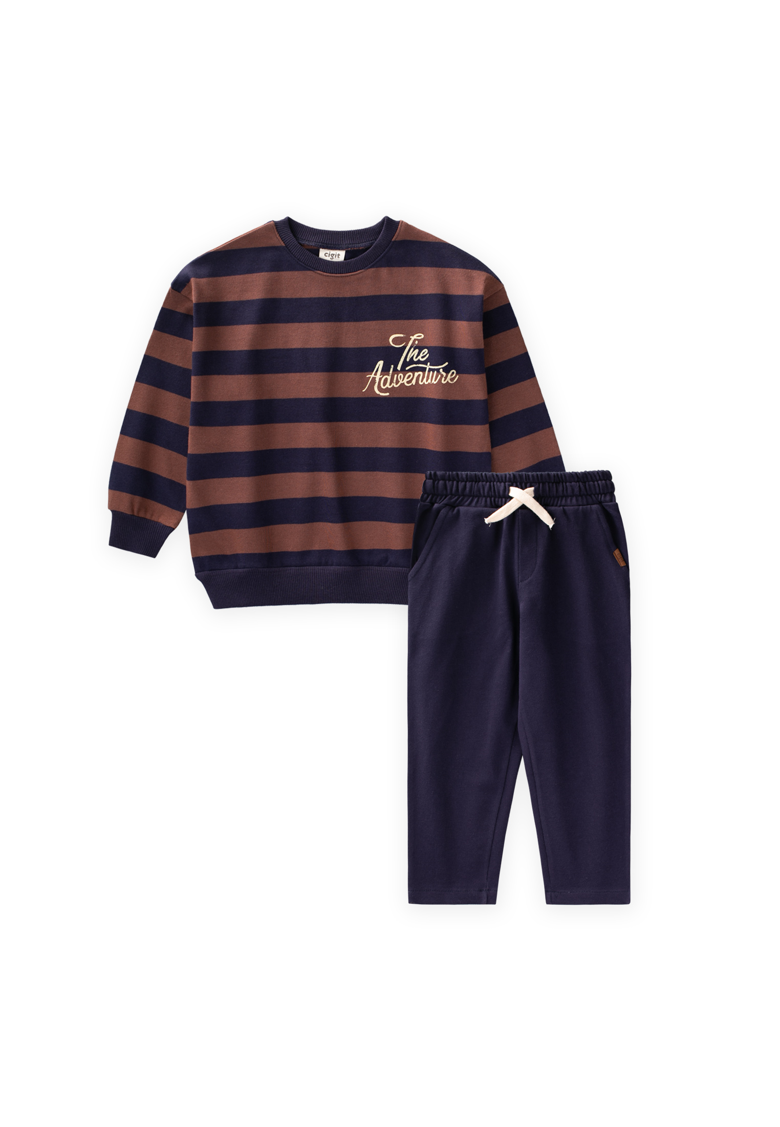 CigitTriko Çizgili Baskılı Takım 2-10 Yaş KAHVE LACİVERT ÇİZGİ