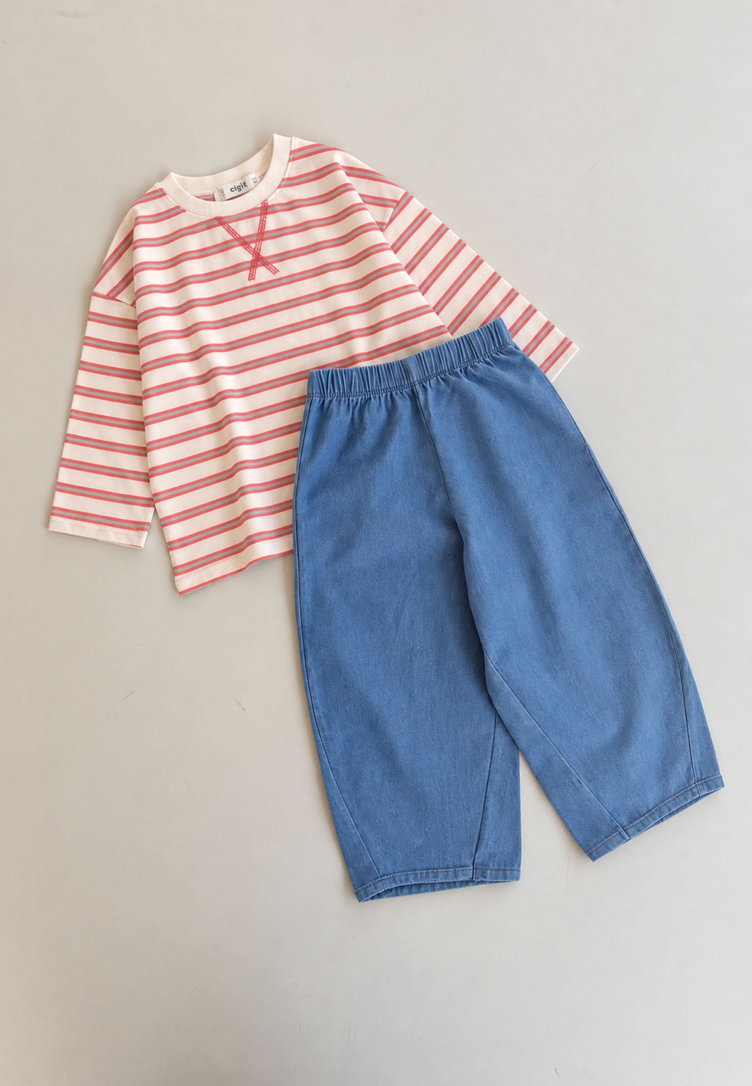 CigitOversize Mevsimlik Geniş Kesim Pantolon Takım 2-10 MERCAN ÇİZGİLİ