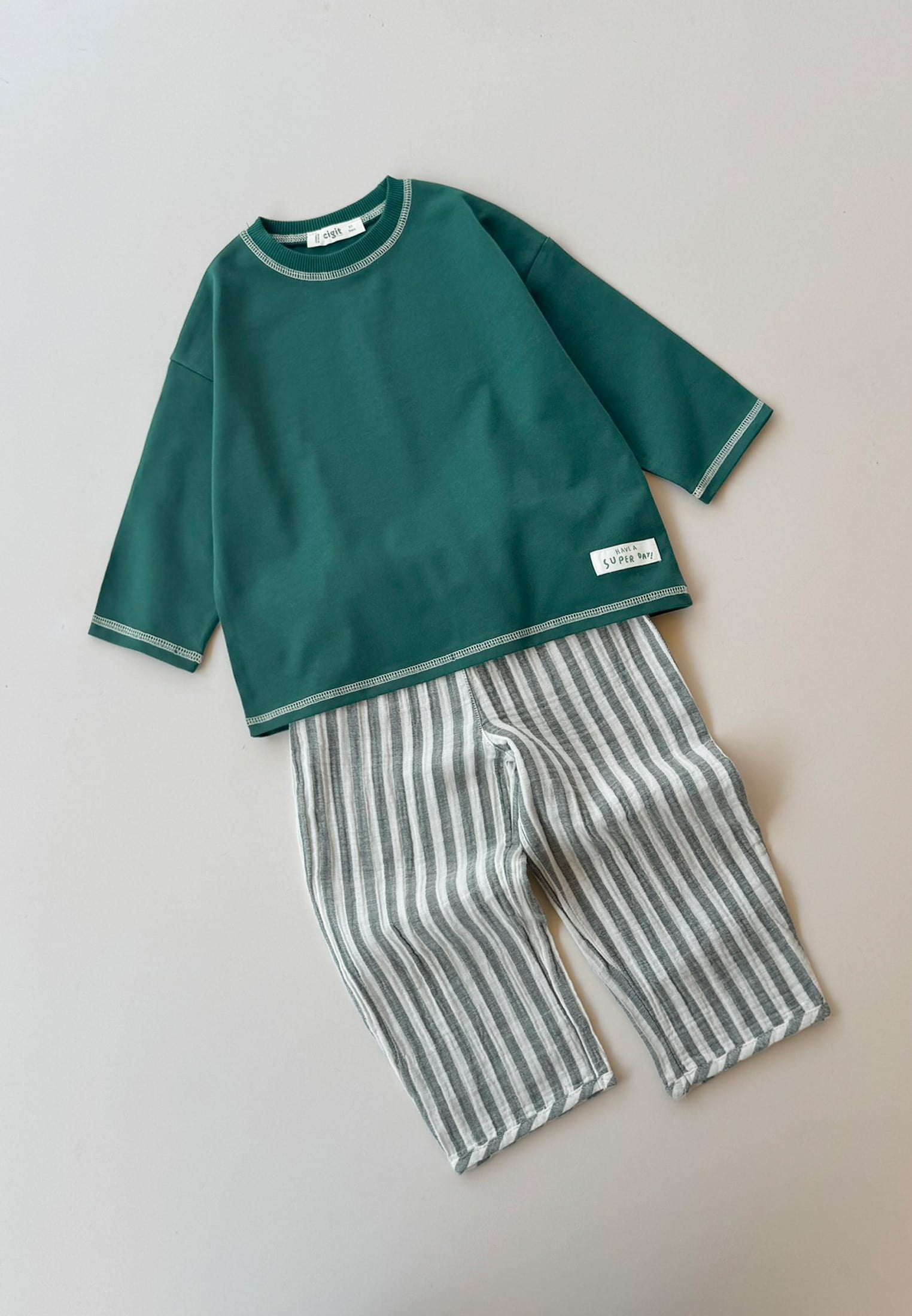 CigitOversize Pantolon Takım 2-10 Yaş YEŞİL KLN ÇİZG