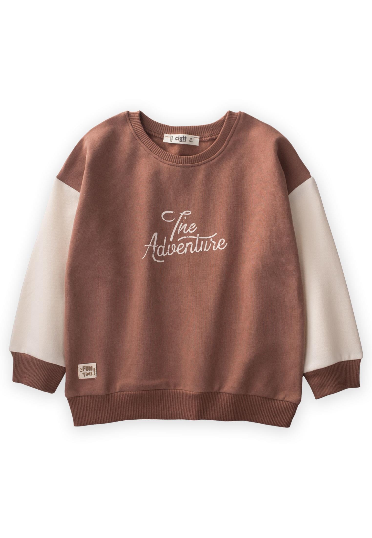 CigitThe Adventure Baskılı Kolu Garnili Sweatshırt 2-10 Yaş A.KAHVE