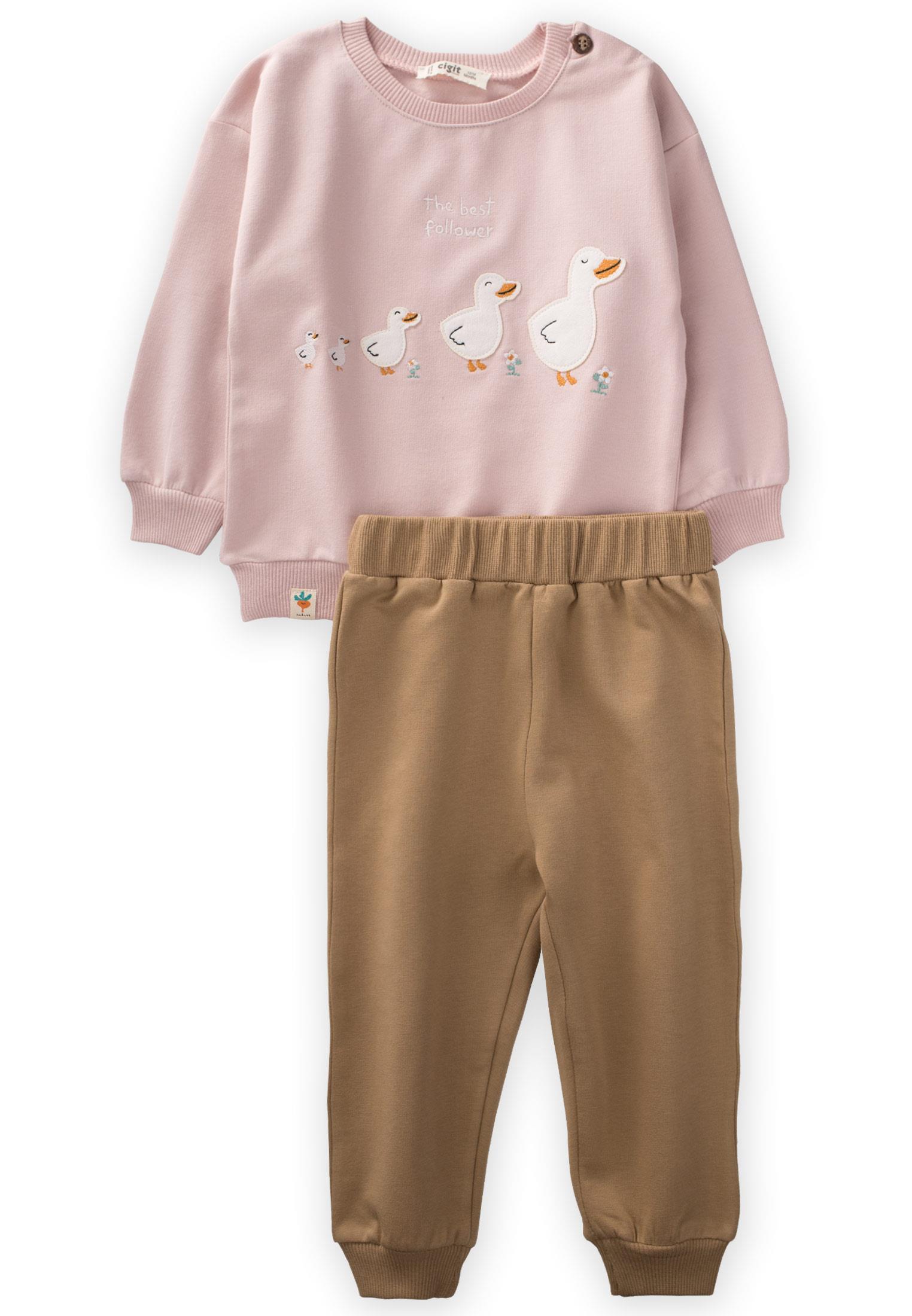 CigitÖrdek Aplikeli Sweatshırt Takım 1-6 Yaş PUDRA PEMBE
