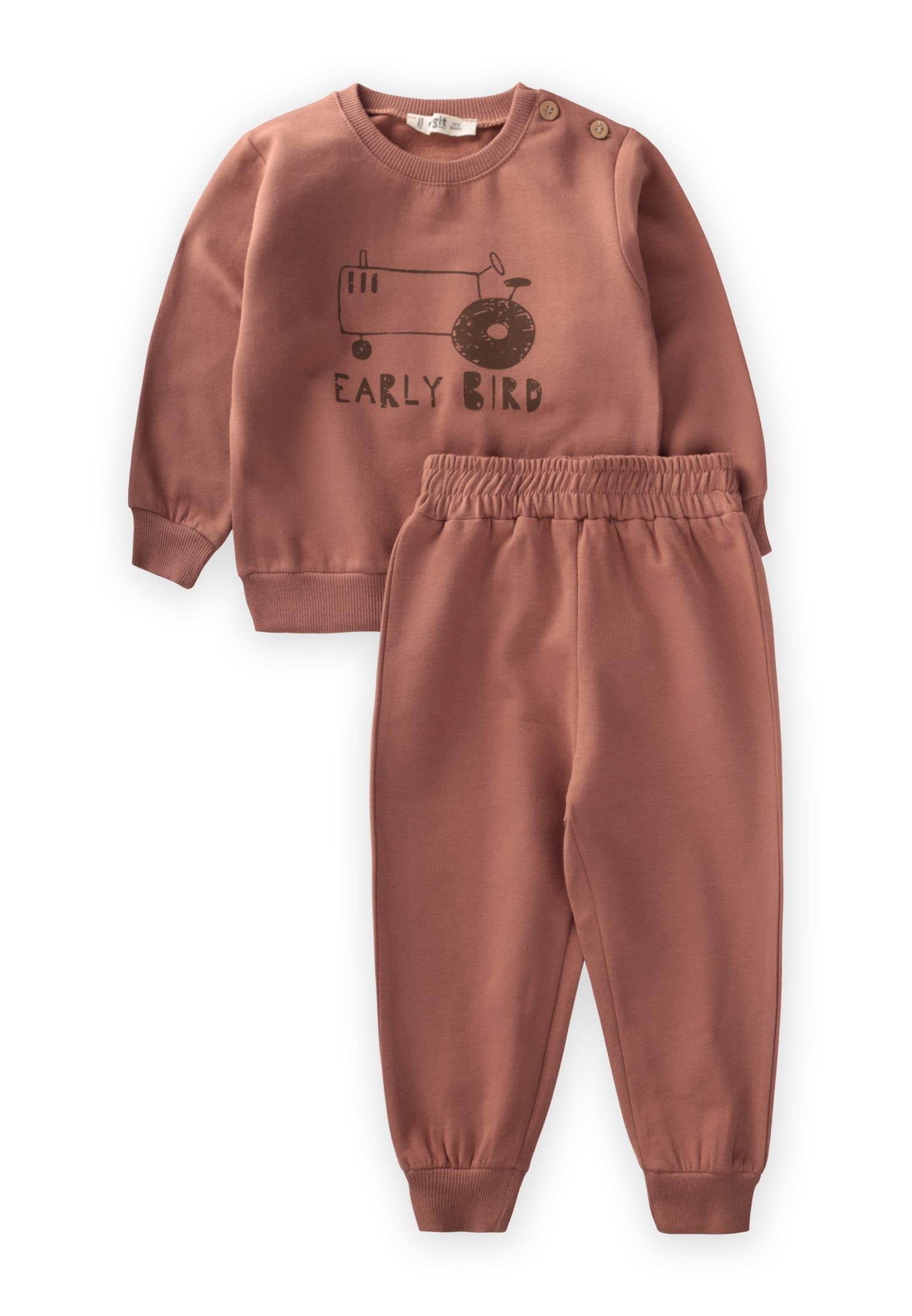 CigitEarly Bırd Baskılı Sweatshırt Takım 1-5 Yaş KAHVE