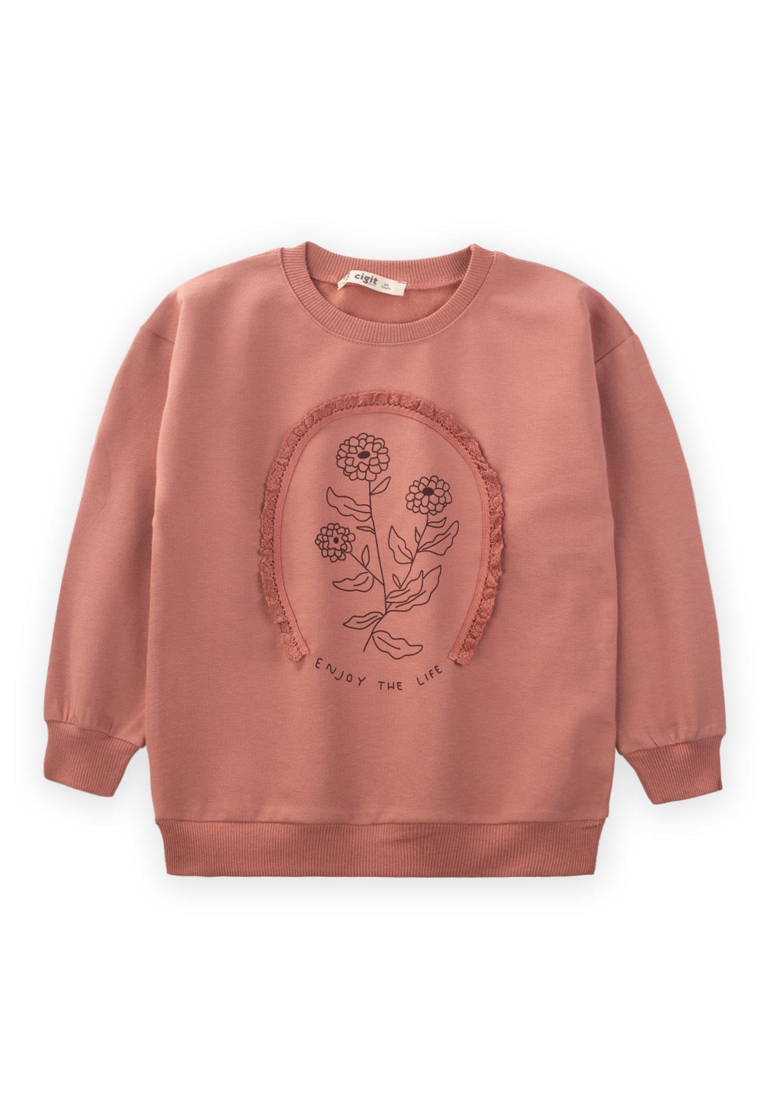 CigitBrode Detaylı Yıldız Çiçeği Baskılı Kız Sweatshirt 3-13 Yaş GÜL KURUSU