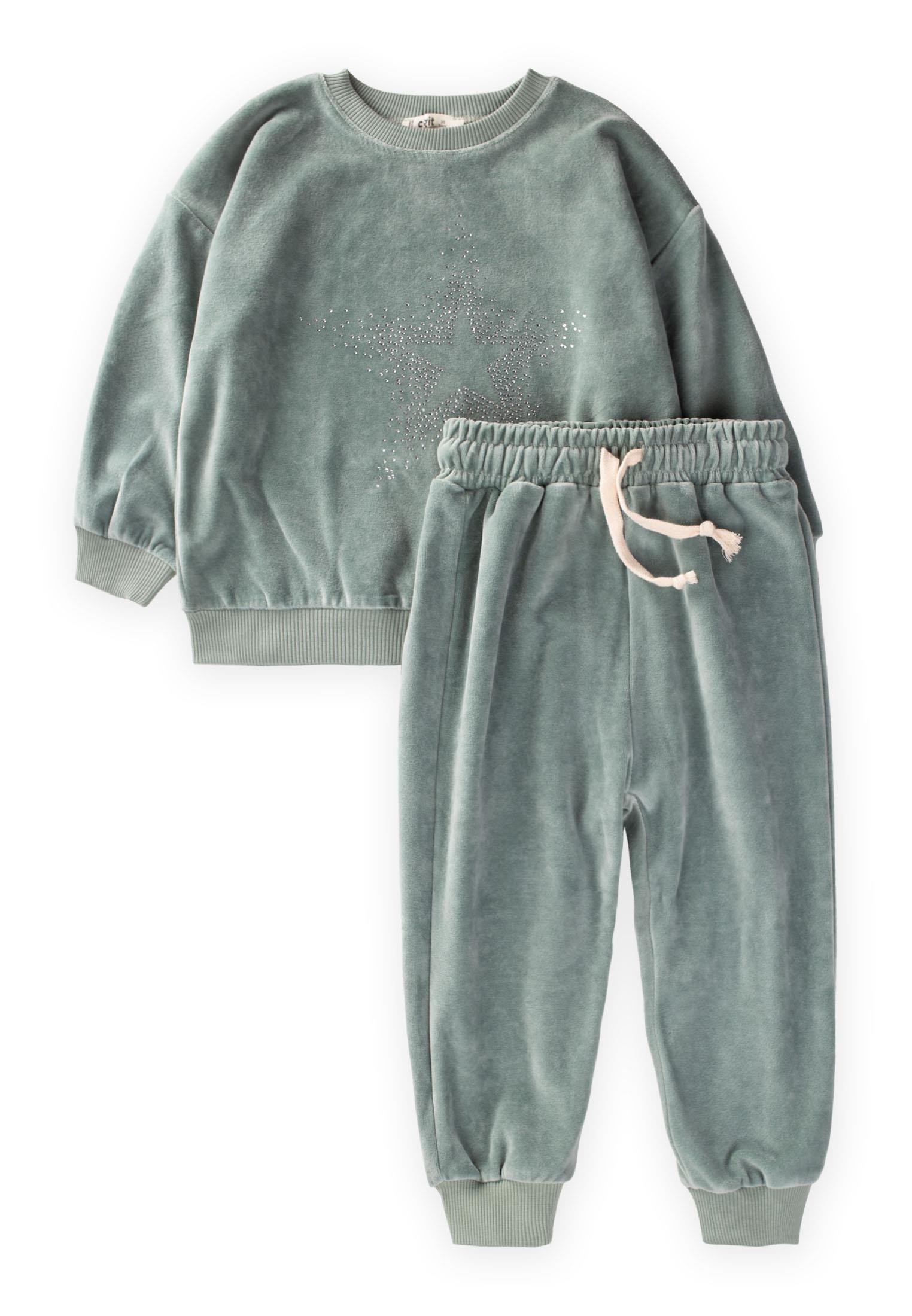 CigitTaş Detaylı Kadife Kız Sweatshırt Takım 2-10 Yaş YEŞİL