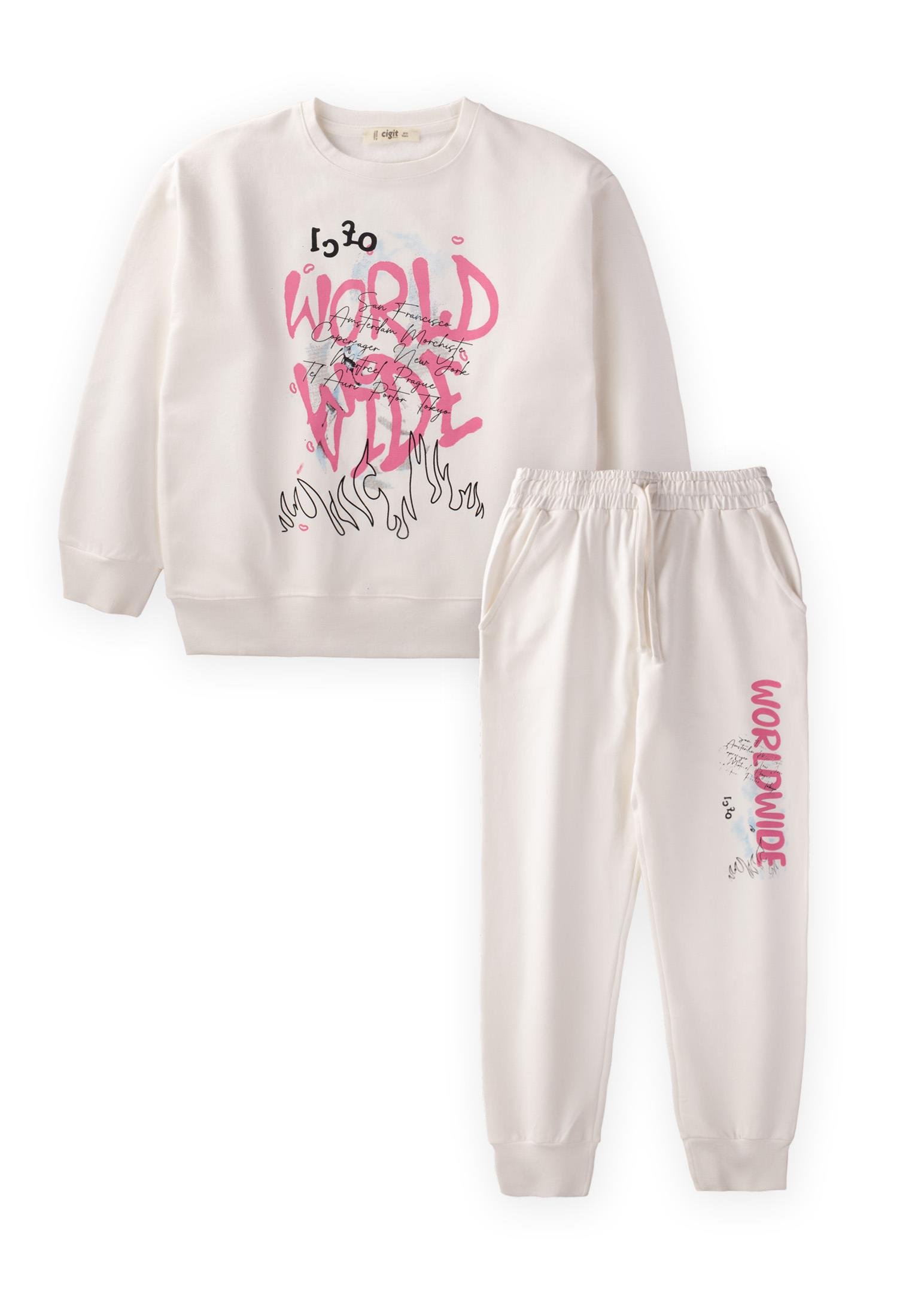 CigitWorld Wide Baskılı Sweatshırt Takım 9-14 Yaş EKRU