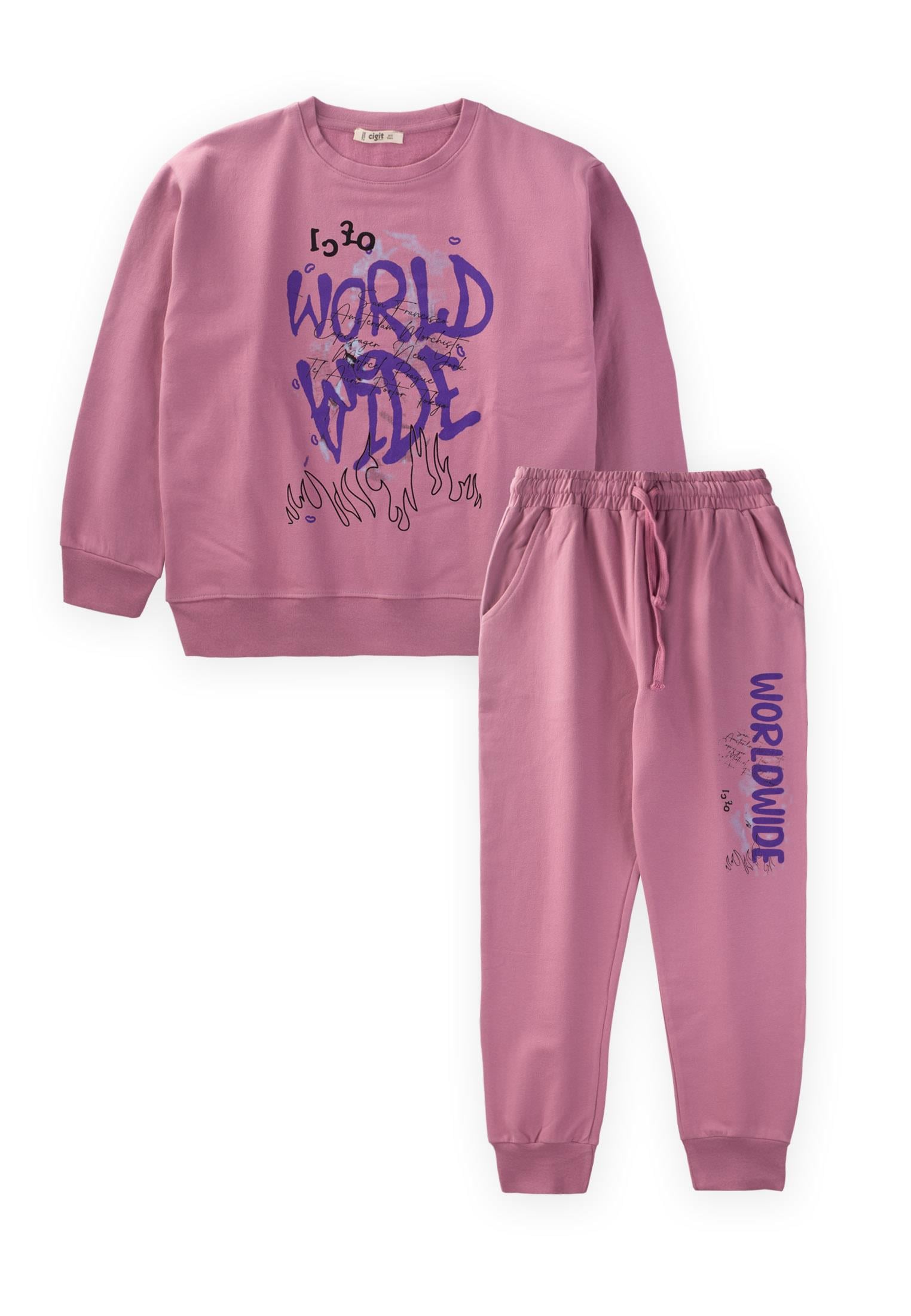 CigitWorld Wide Baskılı Sweatshırt Takım 9-14 Yaş GÜL KURUSU