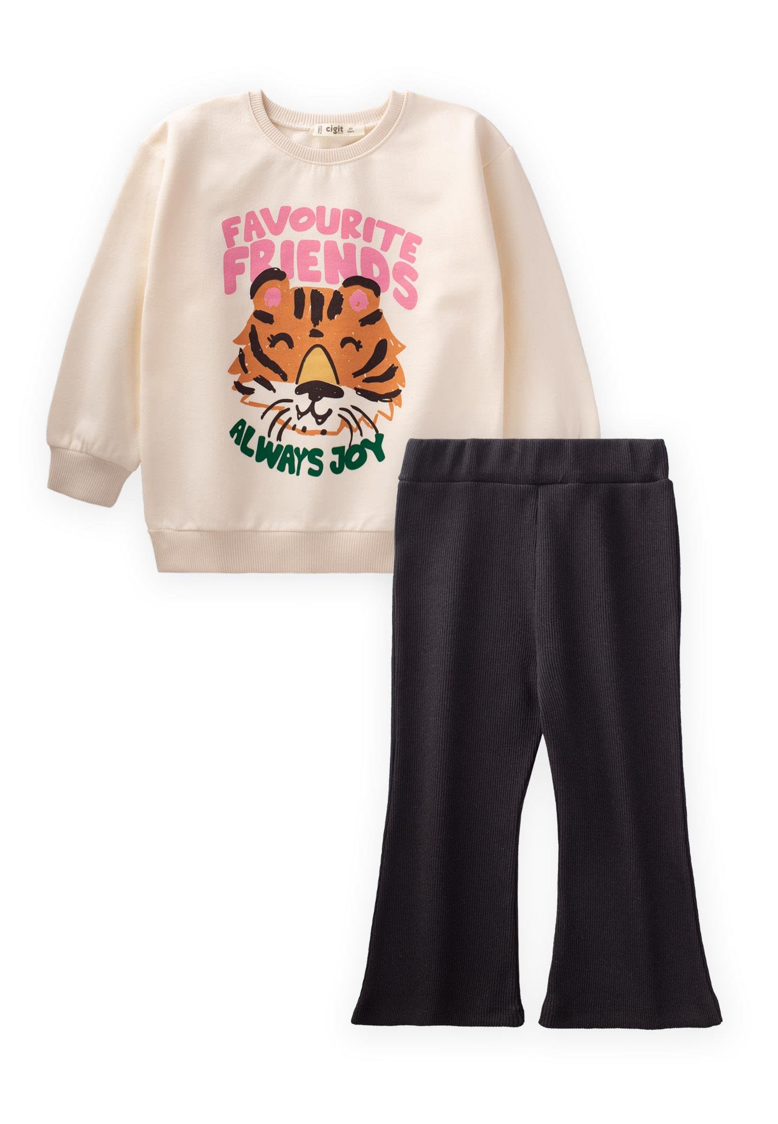 CigitKaplan Baskılı Sweatshırt Takım 2-8 Yaş EKRU