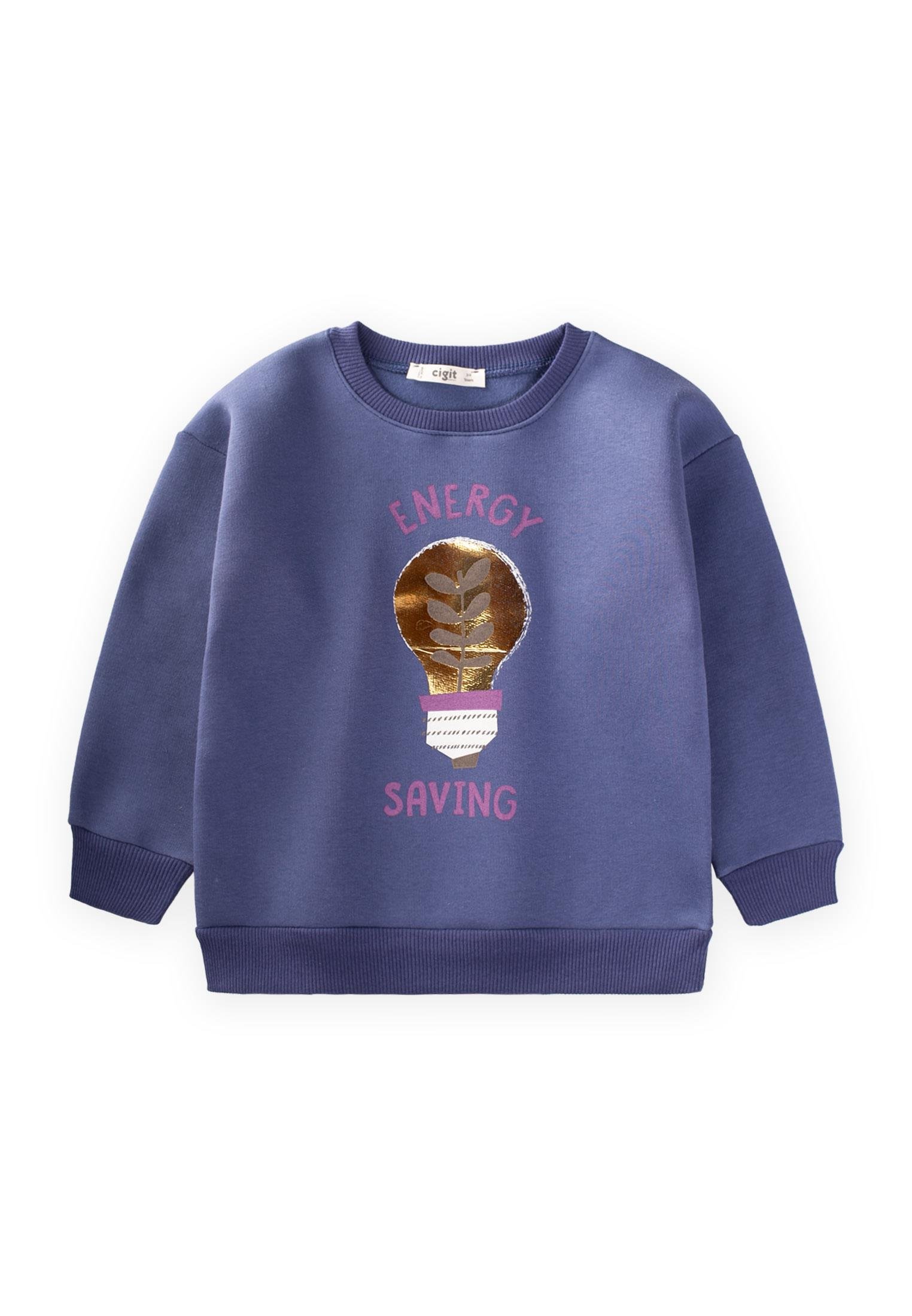 CigitVarak Baskılı Kız Sweatshıt 3-10 Yaş SAKS MAVİ