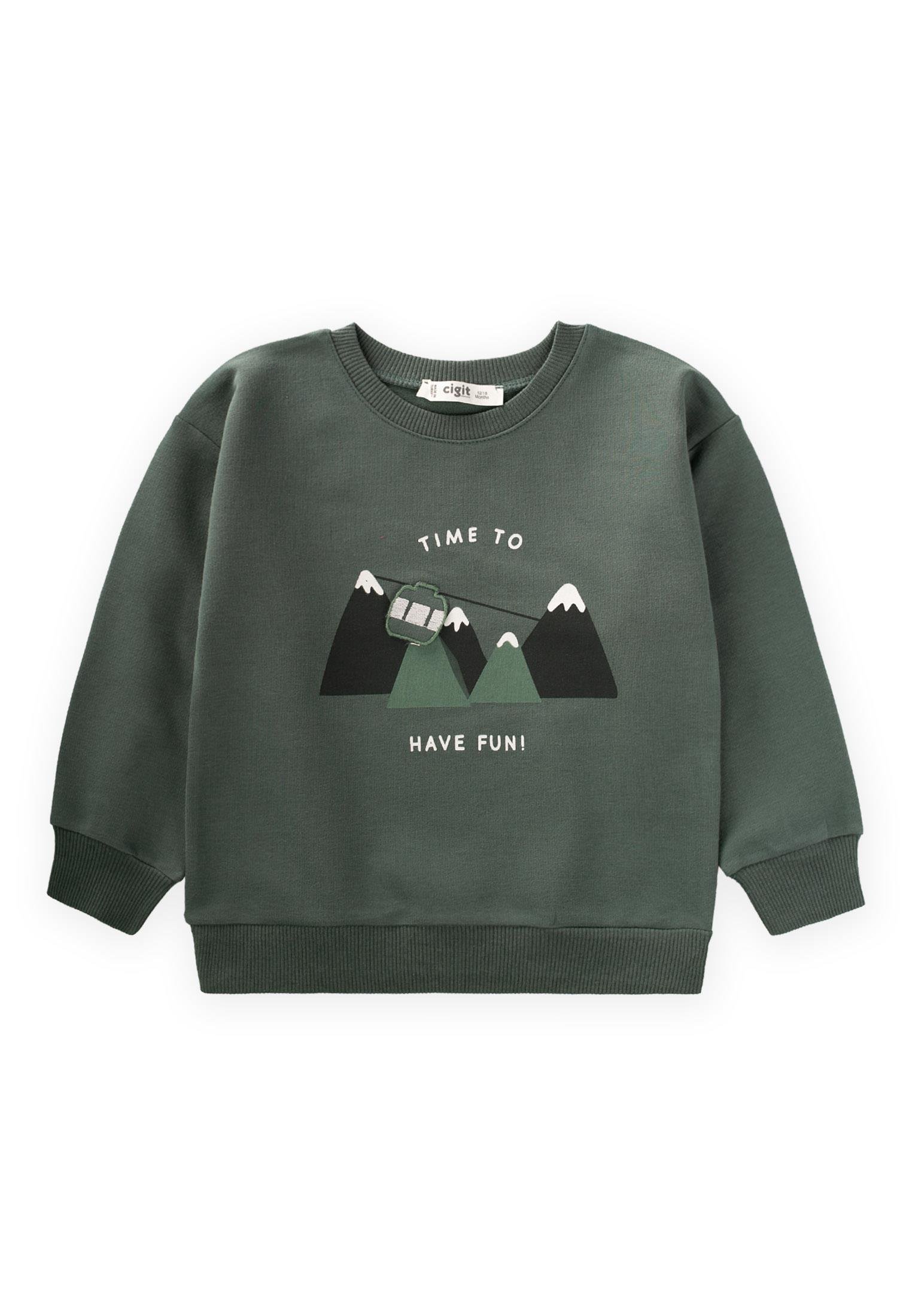 CigitTeleferik Baskılı Sweatshırt 1-7 Yaş HAKİ YEŞİL