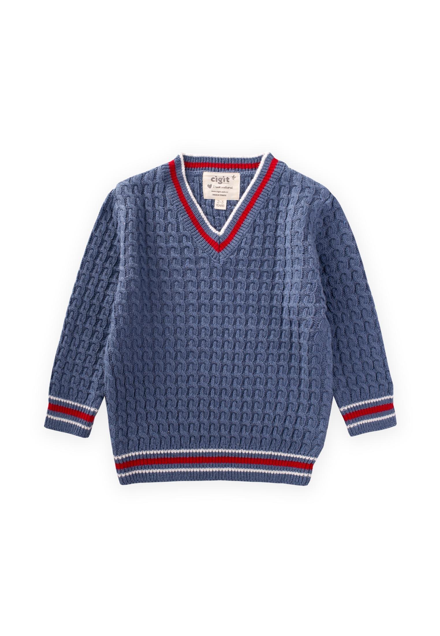CigitSaç Örgü V Yaka Kazak 2-9 Yaş İNDİGO MAVİ