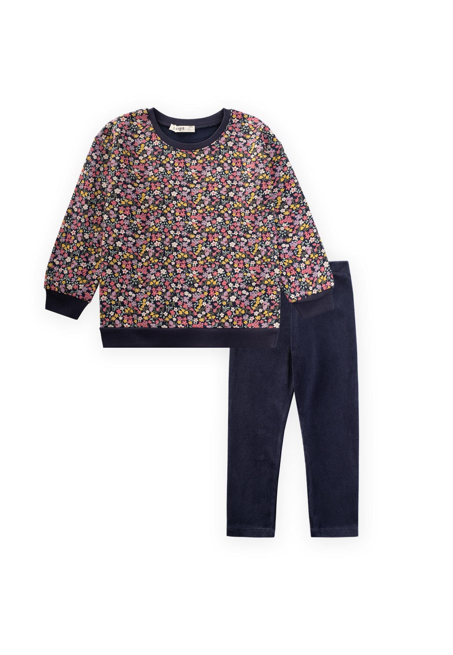 CigitDesenli Sweatshırt Takım 4-12 Yaş LACİVERT