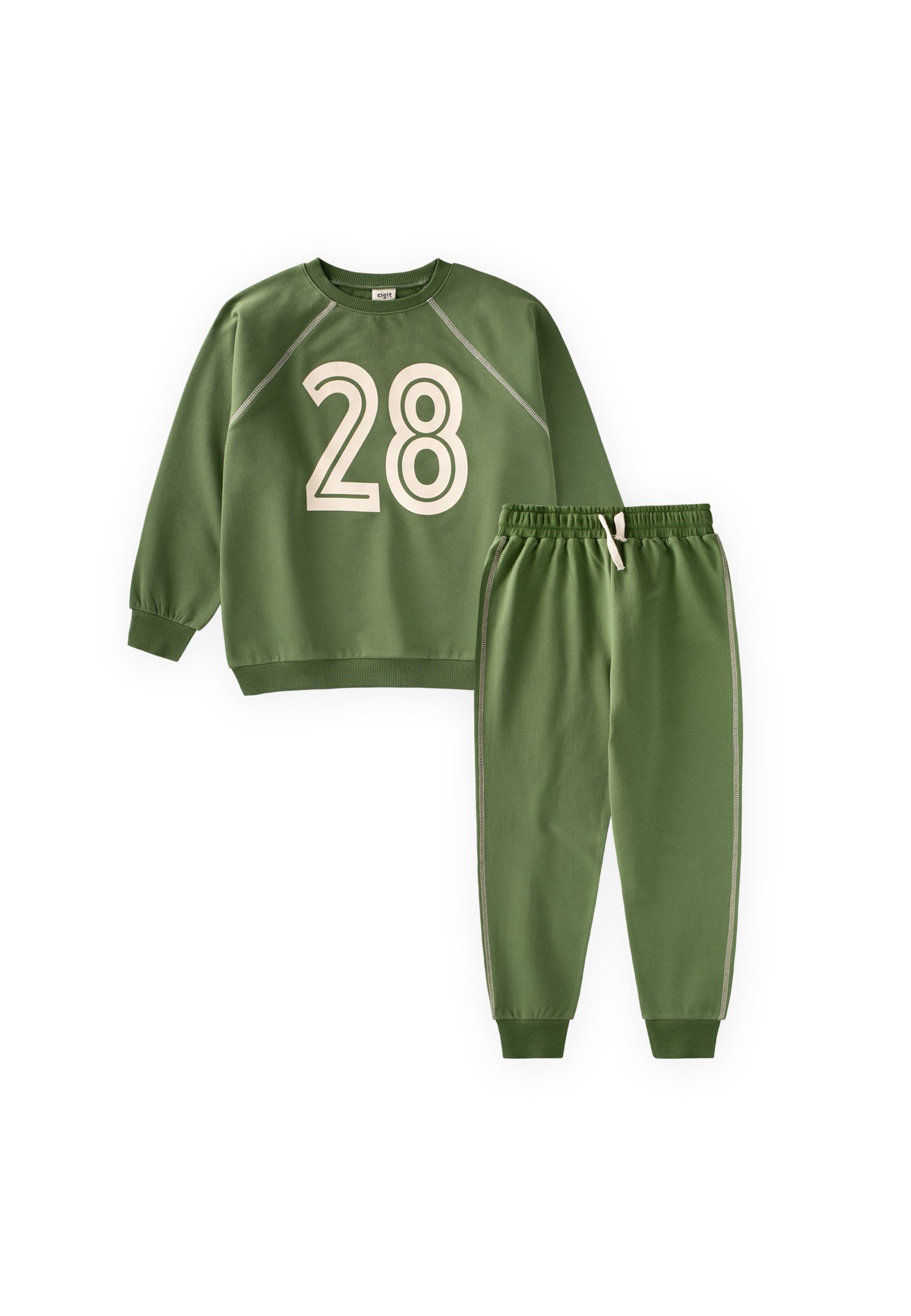 CigitŞardonlu Karyoka Detaylı Baskılı Sweatshirt Takım 2-10 Yaş YAĞ YEŞİLİ