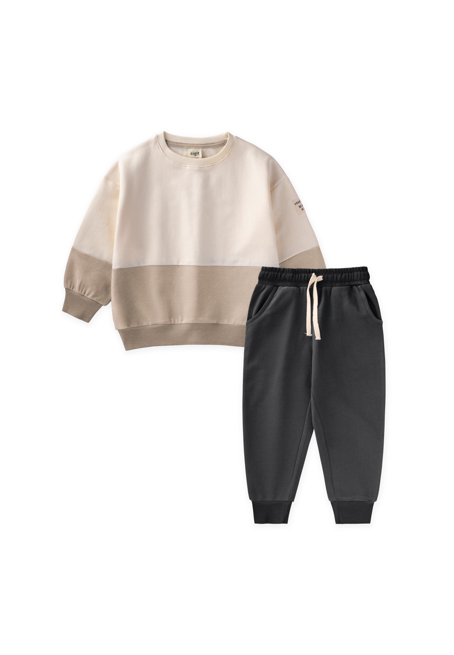 Cigitİçi Şardonlu Garnili Sweatshirt Takım 2-8 Yaş EKRU ANTRASİT