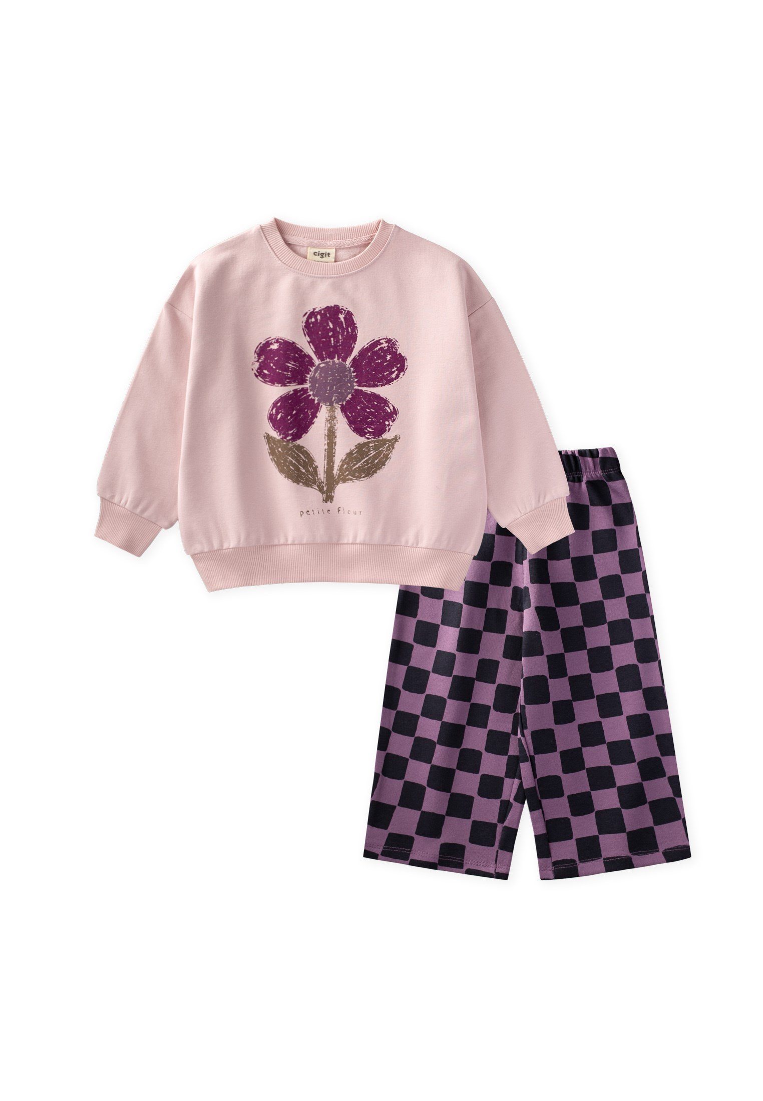 CigitDesenli Sweatshirt Takım 2-8 Yaş PUDRA PEMBE