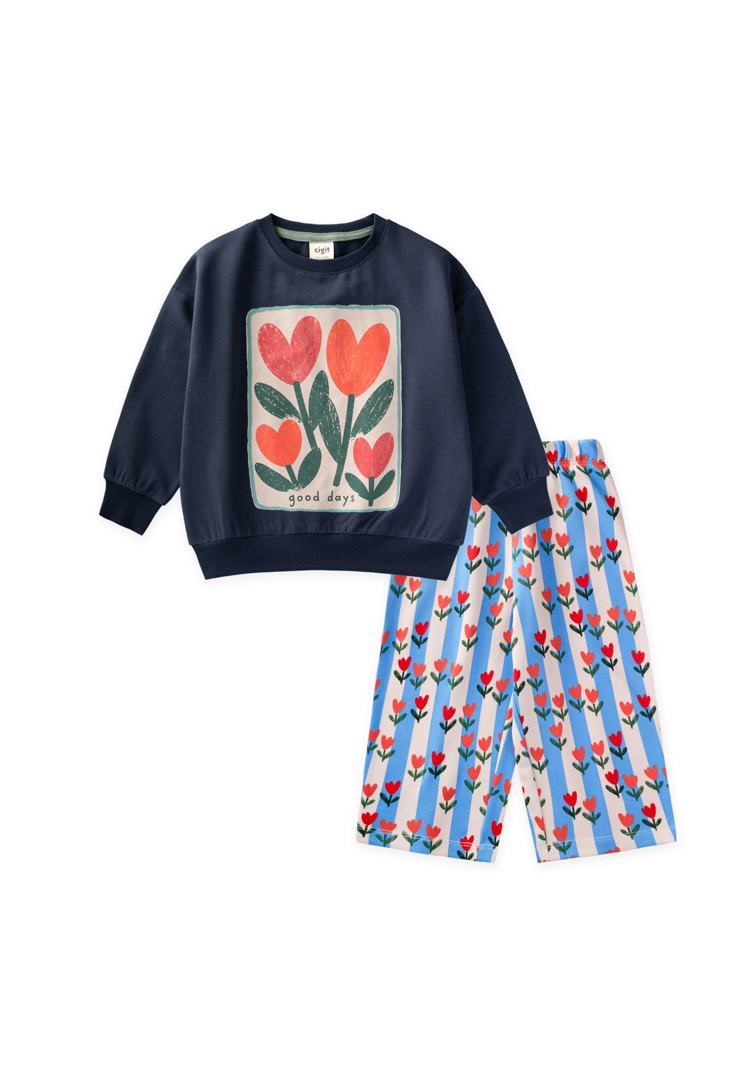 CigitDesenli Sweatshirt Takım 2-8 Yaş LACİVERT