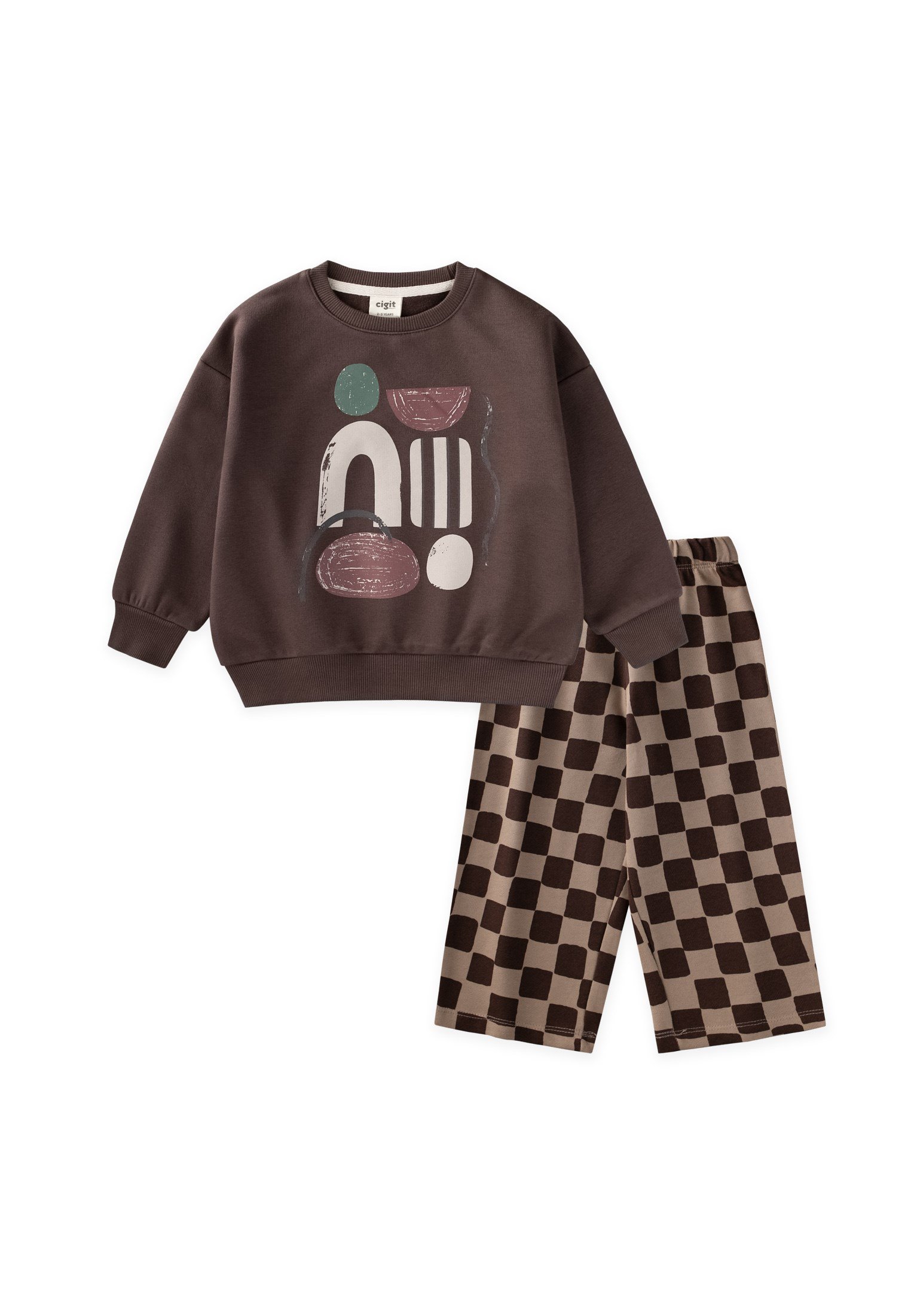 CigitDesenli Sweatshirt Takım 2-8 Yaş KAHVERENGİ